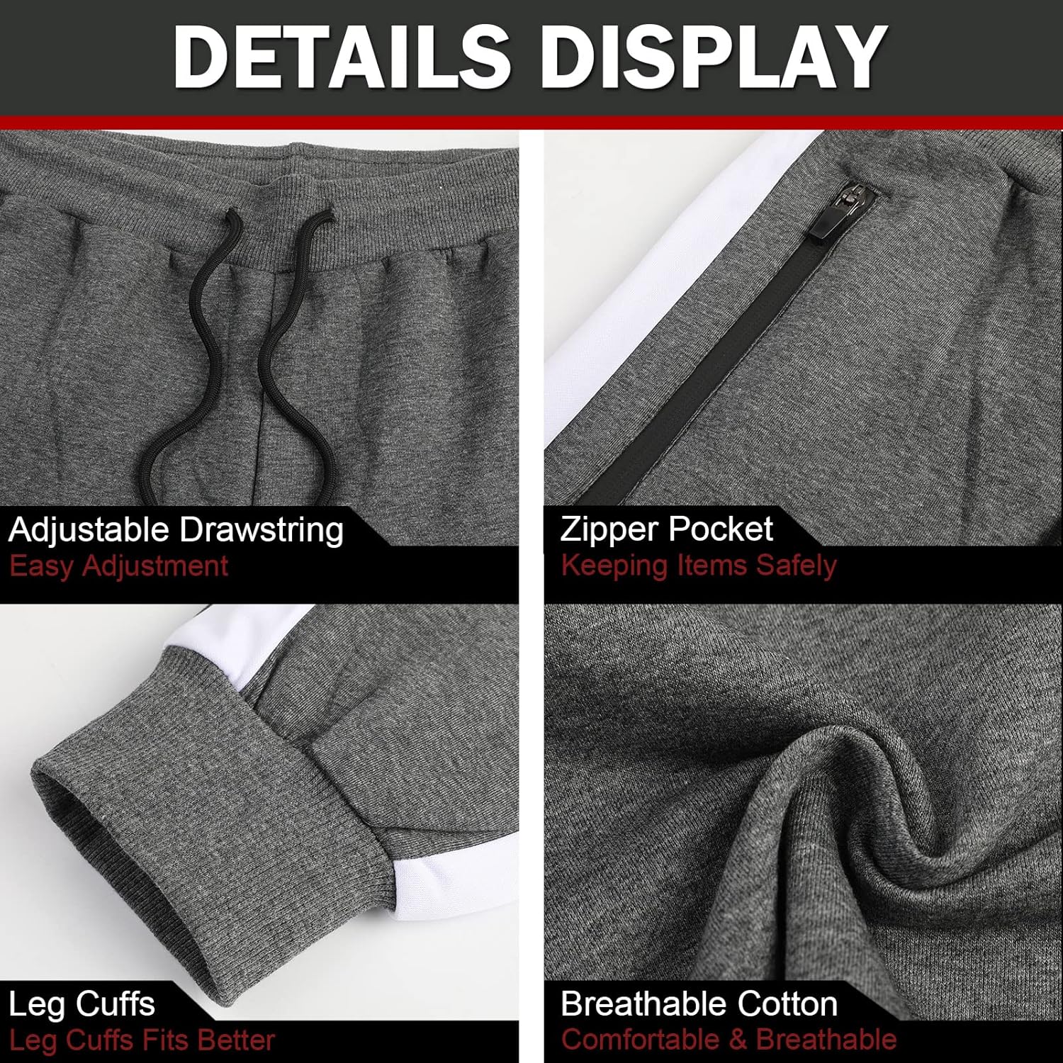 Thumbnail 3 de Suwangi Pantaloni Tuta Uomo Palestra Slim Fit con Tasche Zip e Dettagli a Righe