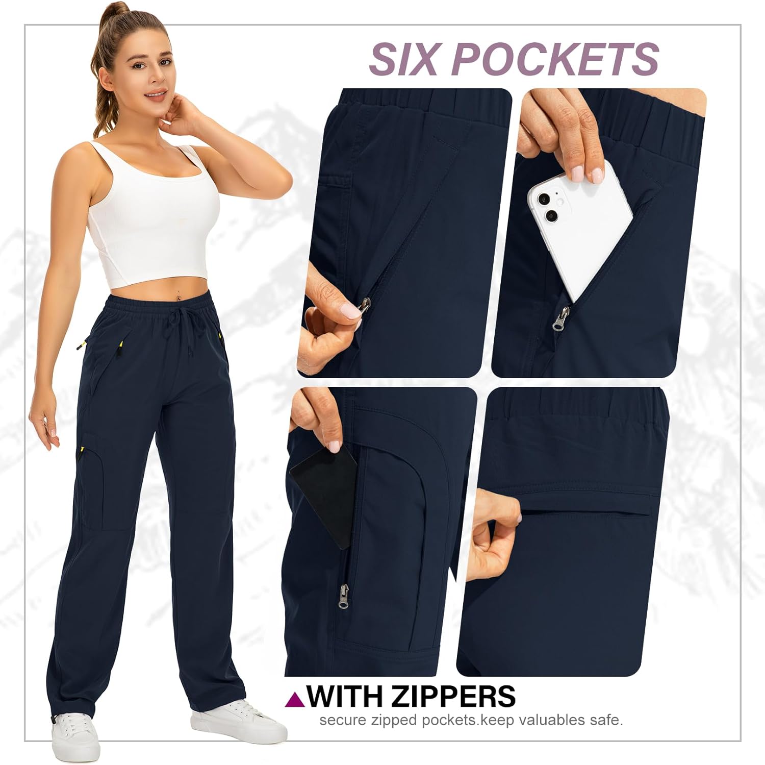 Detalle de mosingle Women's Walking Cargo Trousers: Lightweight, Quick-Dry Hiking Pants with UPF 50 and Practical Zip Pockets
