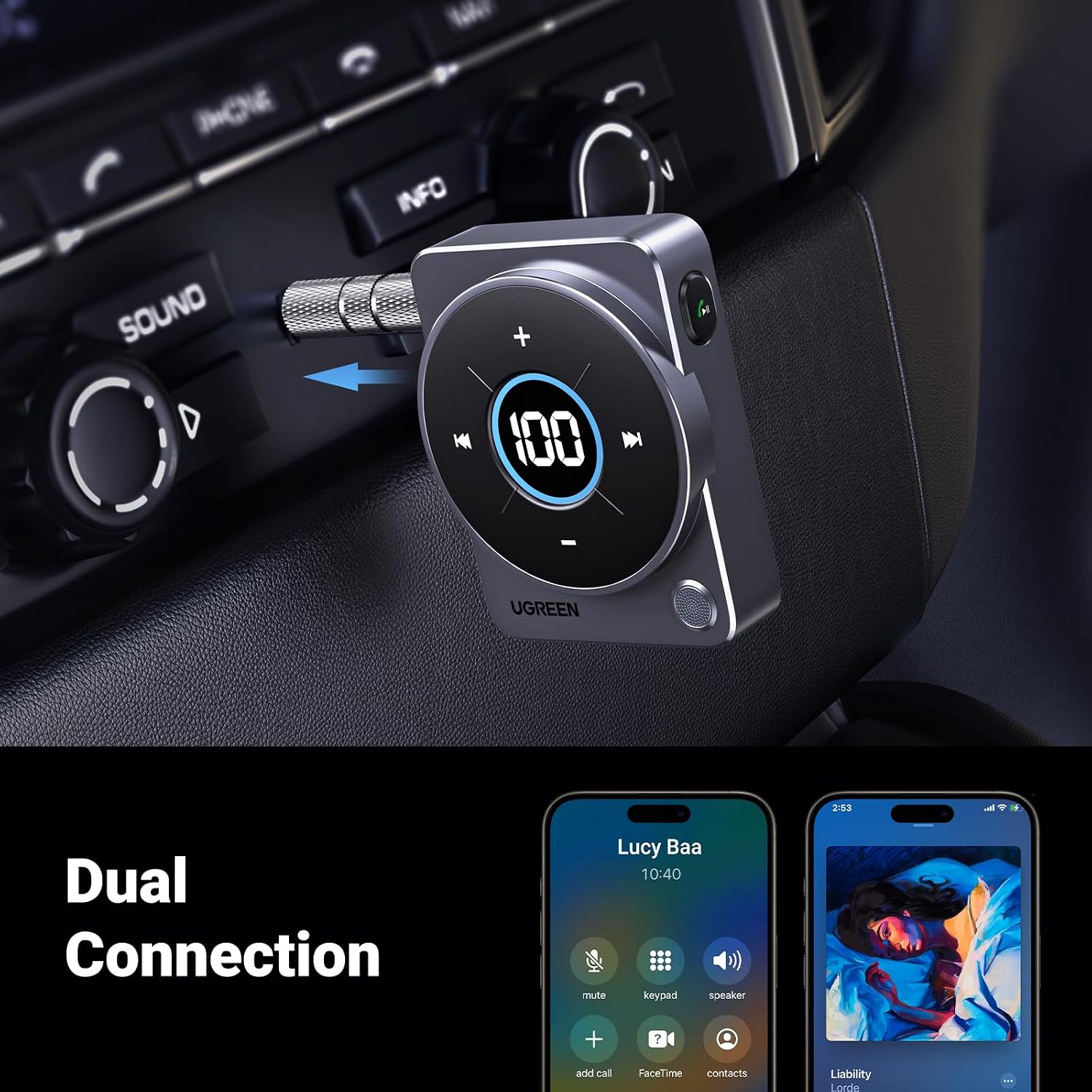 Thumbnail 5 de UGREEN Aux Bluetooth 5.4 Adapter for Car with 3.5mm Jack, LED Display & Hands-Free Calling