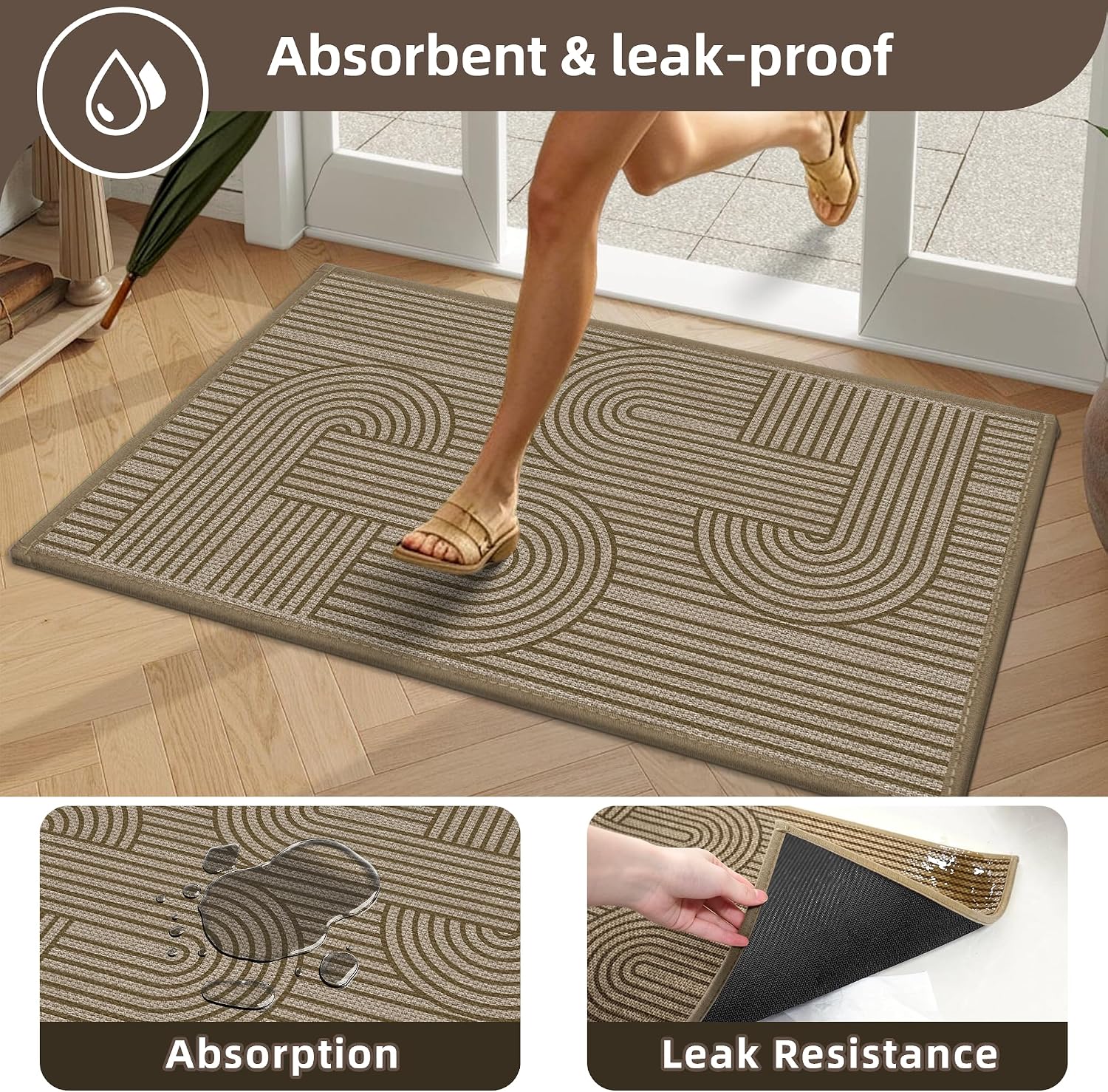 Detalle de Vroas Front Door Mat, 36" x 59" Low-Profile Absorbent Brown Doormat