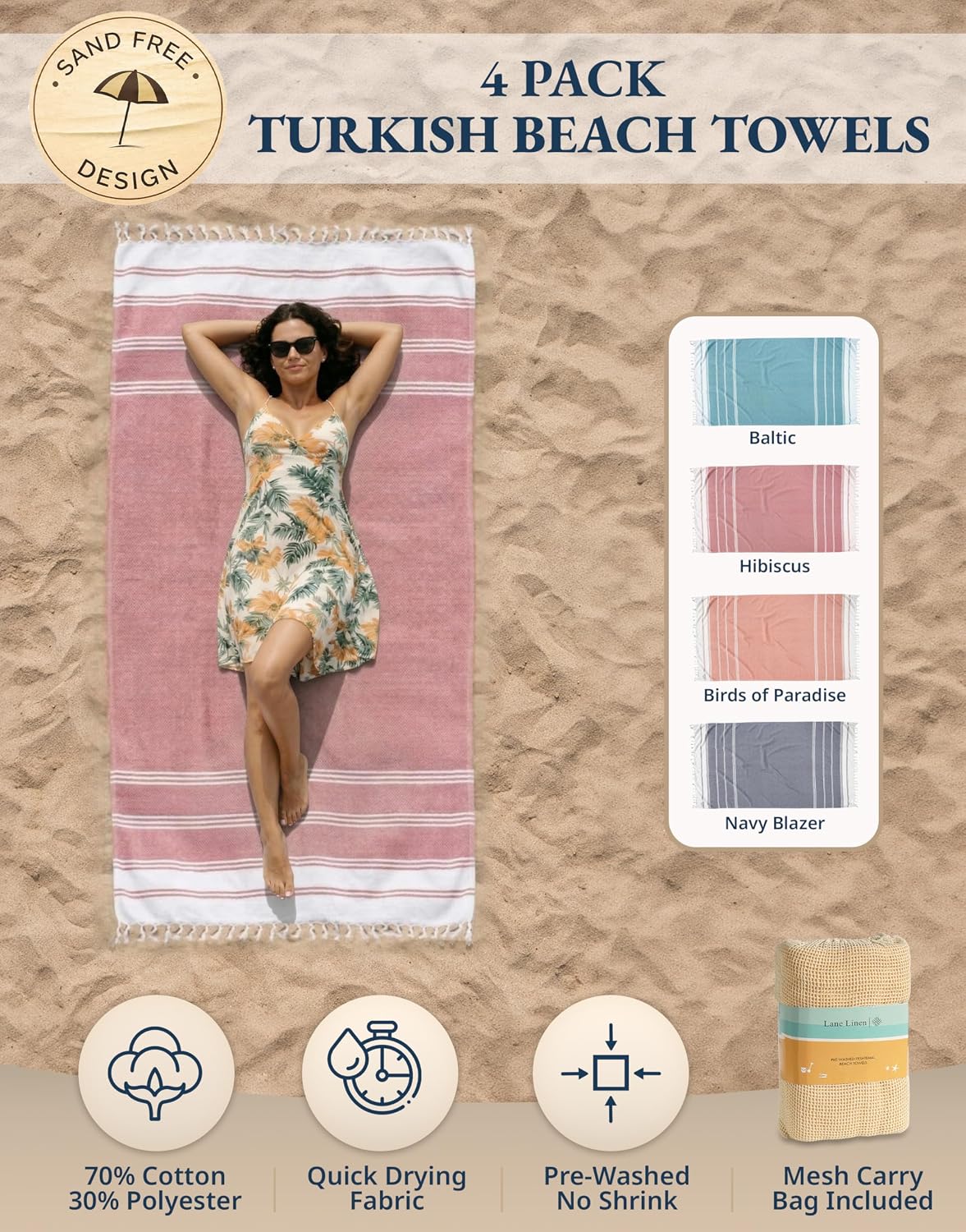 Detalle 2 de LANE LINEN 4 Pack Beach Towels - Cotton Rich Oversized, Pre-Washed Quick Dry