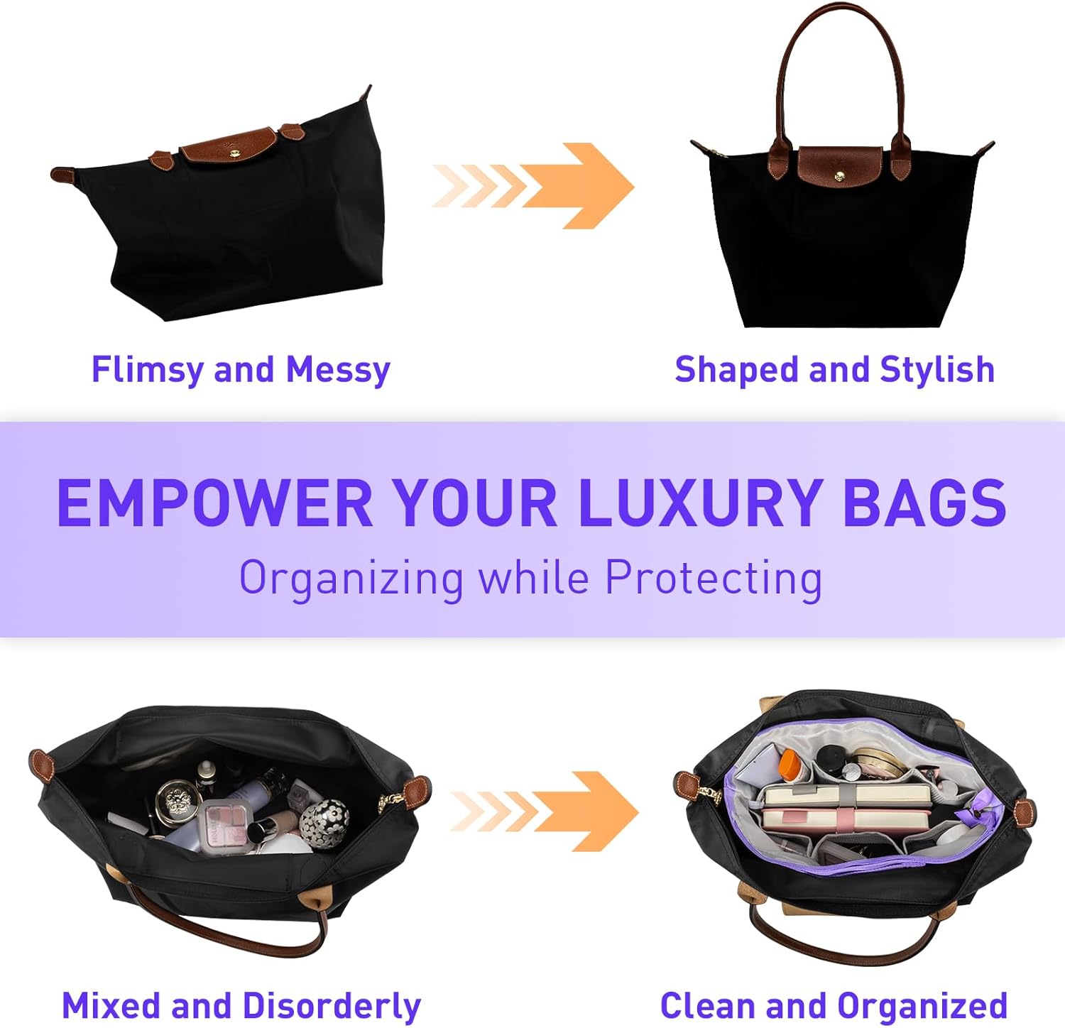 Detalle de HYEPNED Bag Organiser for Longchamp Le Pliage Large – 15-Pocket Insert (Purple, Large)