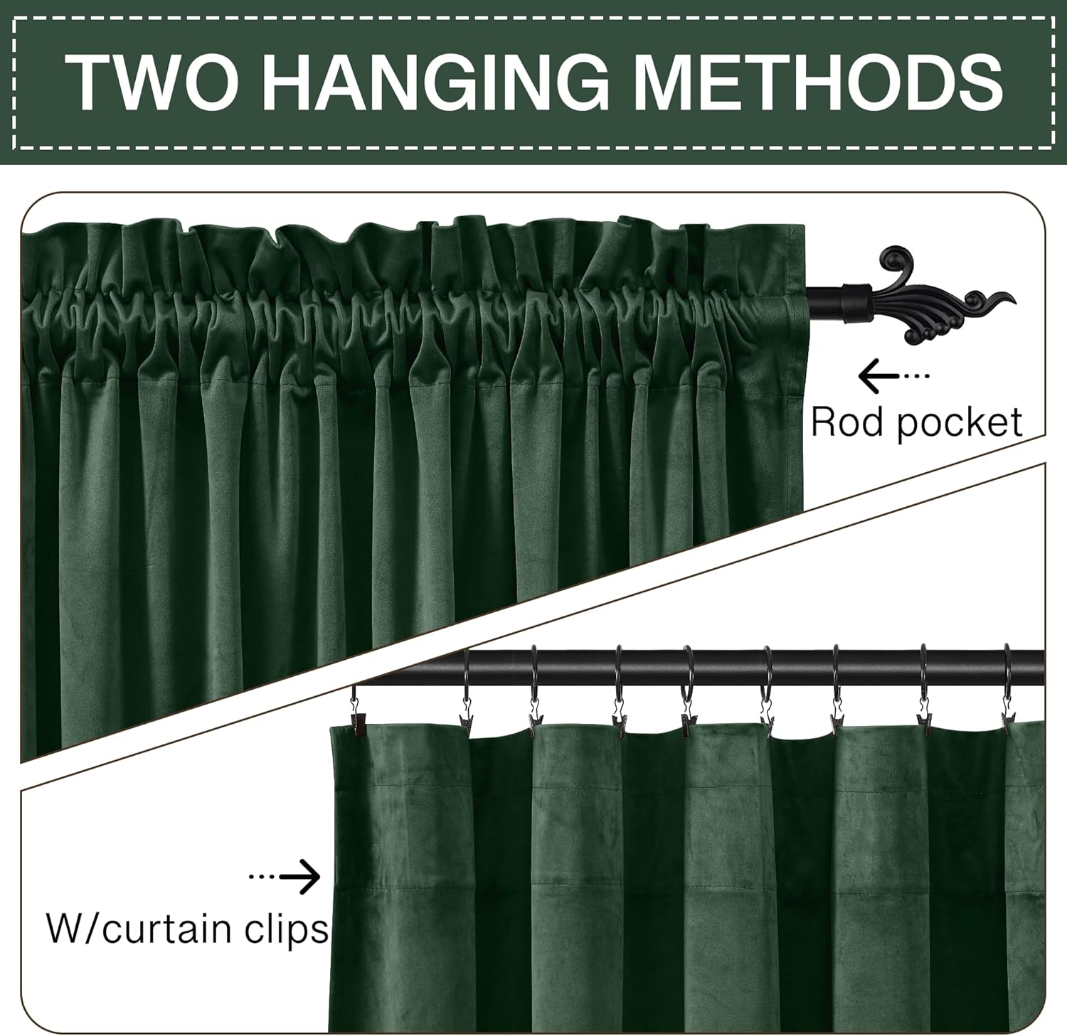 Thumbnail 2 de StangH Green Velvet Curtains: Elegant Rod Pocket Drapes with Thermal Insulation (2 Panels, Dark Green)