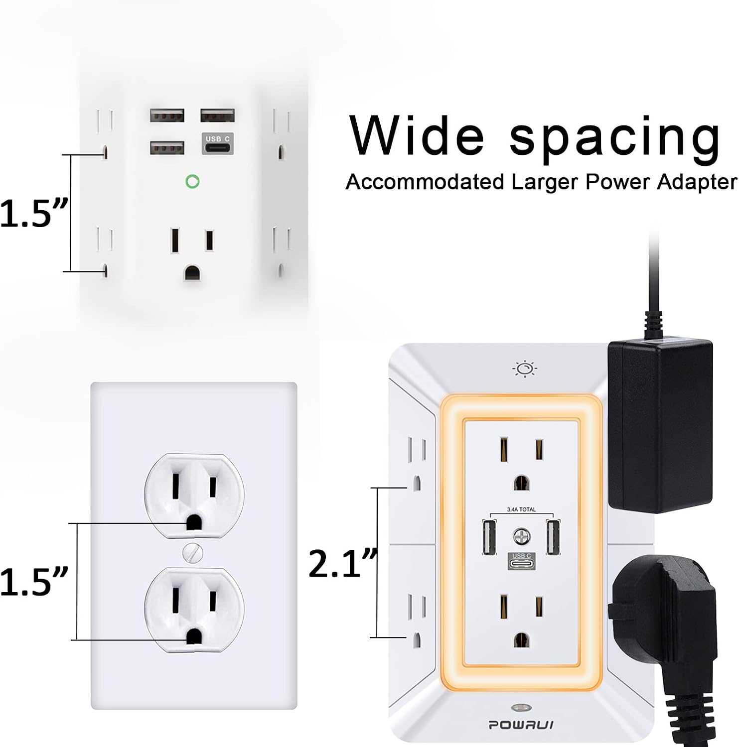 Thumbnail 6 de POWRUI AHR-508 3-Sided Outlet Extender with Surge Protection, USB-C & Night Light