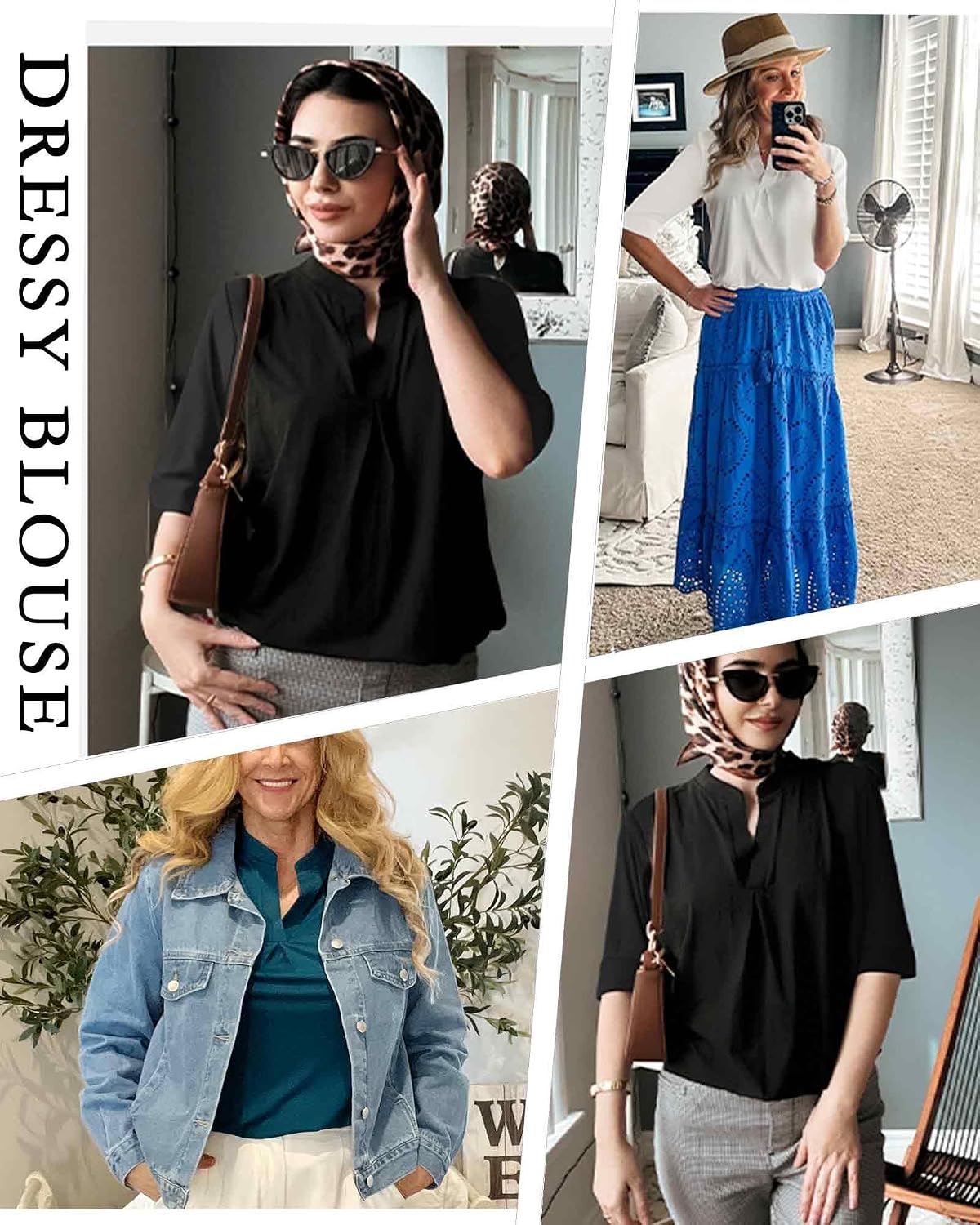 Detalle 2 de WNEEDU Maglietta donna a manica 3/4 con scollo a V – T-shirt estiva basic elegante