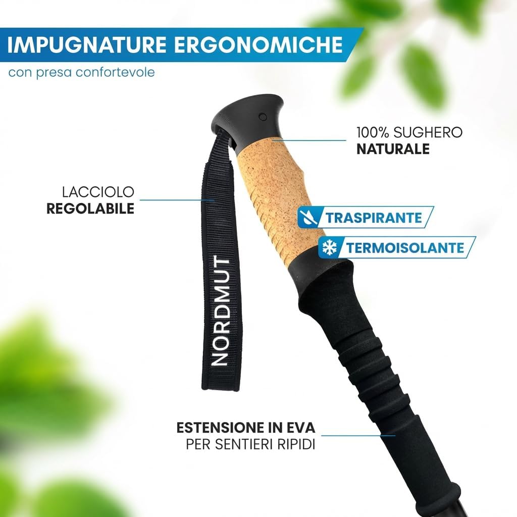 Detalle de NORDMUT Bastoni da trekking telescopici in carbonio e alluminio – regolabili 65–135 cm, manico in sughero con gommini inclusi