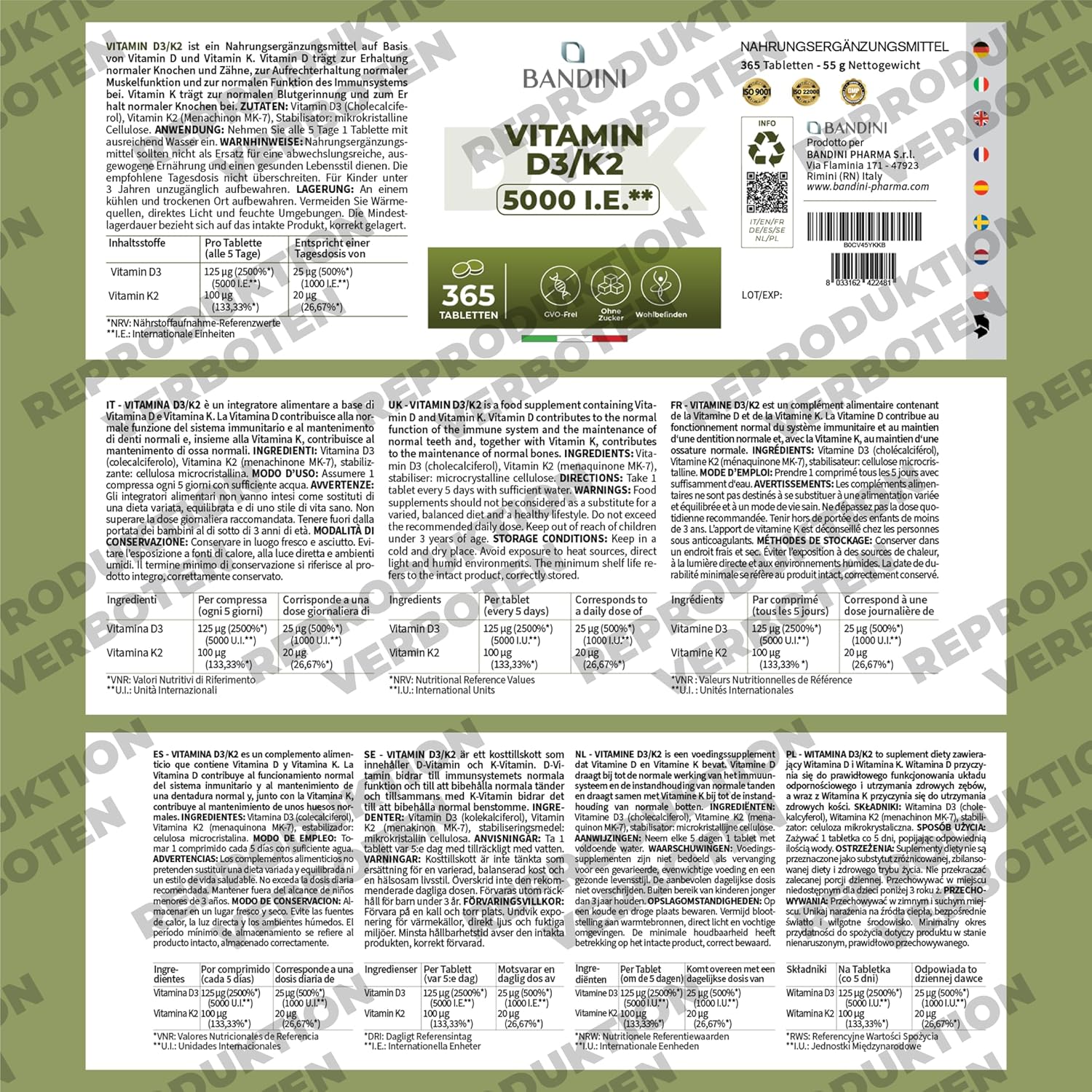 Detalle 1 de Bandini Vitamin D3 K2 365 Mikrotabletten 5000 IU