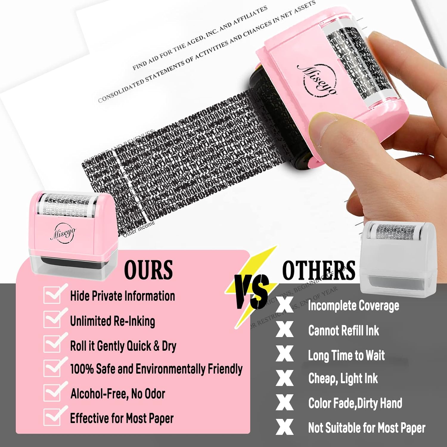 Thumbnail 6 de Miseyo Breites Datenschutz Rollstempel Set – Rosa (inkl. 3 Nachfülltinten) für Identitätsdiebstahl-Prävention