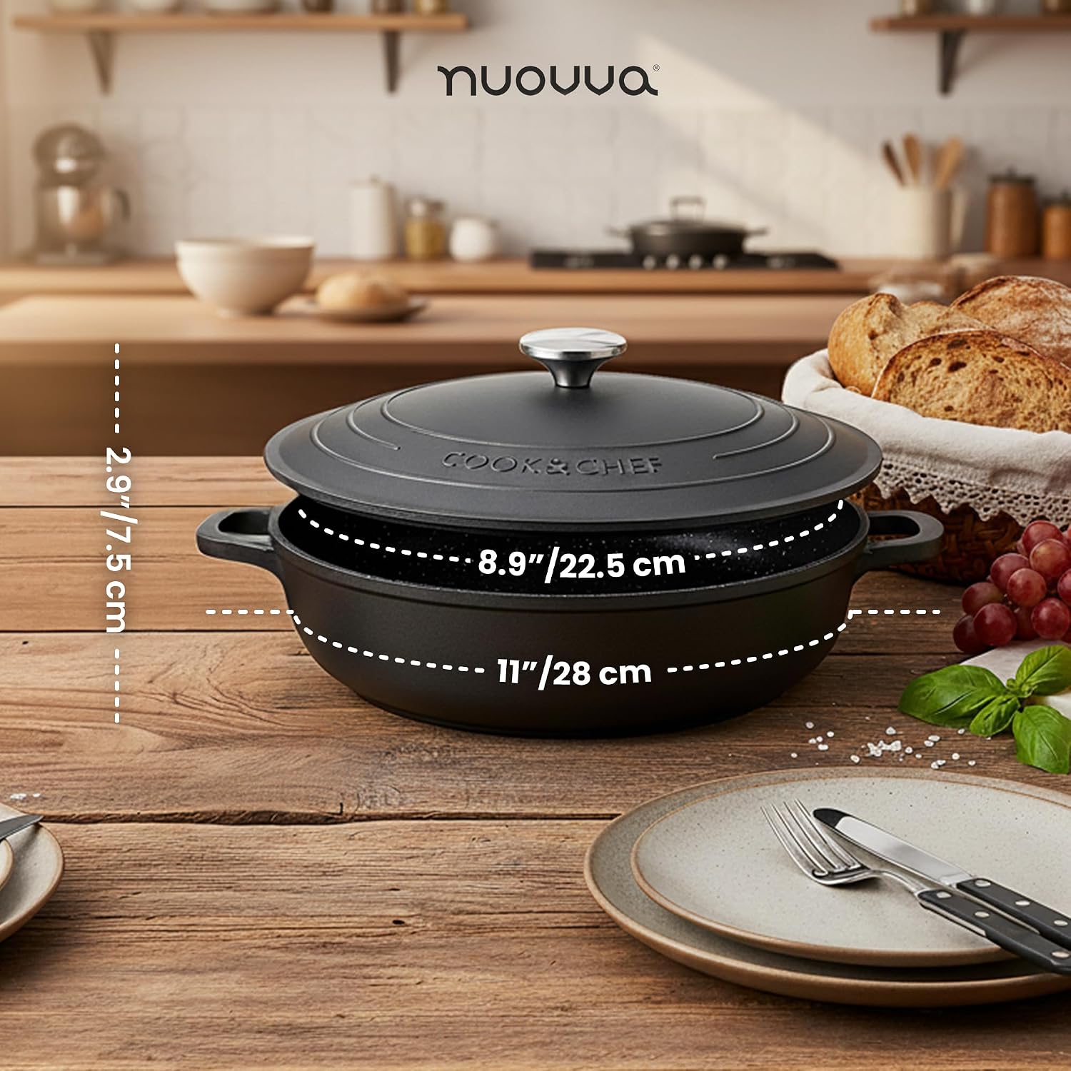 Detalle de Non-Stick Aluminium Pot with Lid – Sturdy Shallow Dutch Oven (3.9L, 28cm) by Nuovva