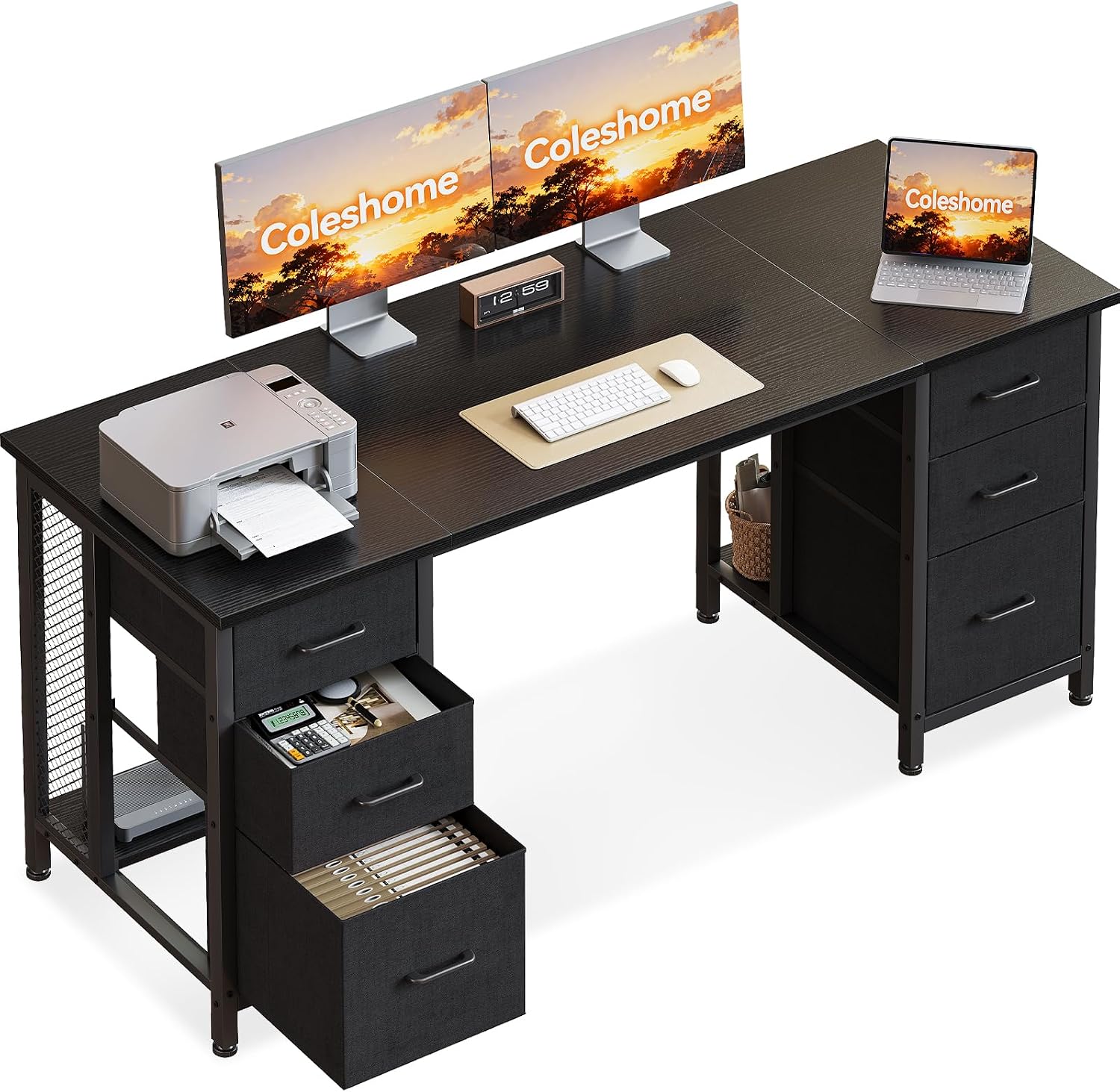 Coleshome Schreibtisch mit 6 Schubladen, 160x52 cm – Computertisch für Home Office, Schwarz