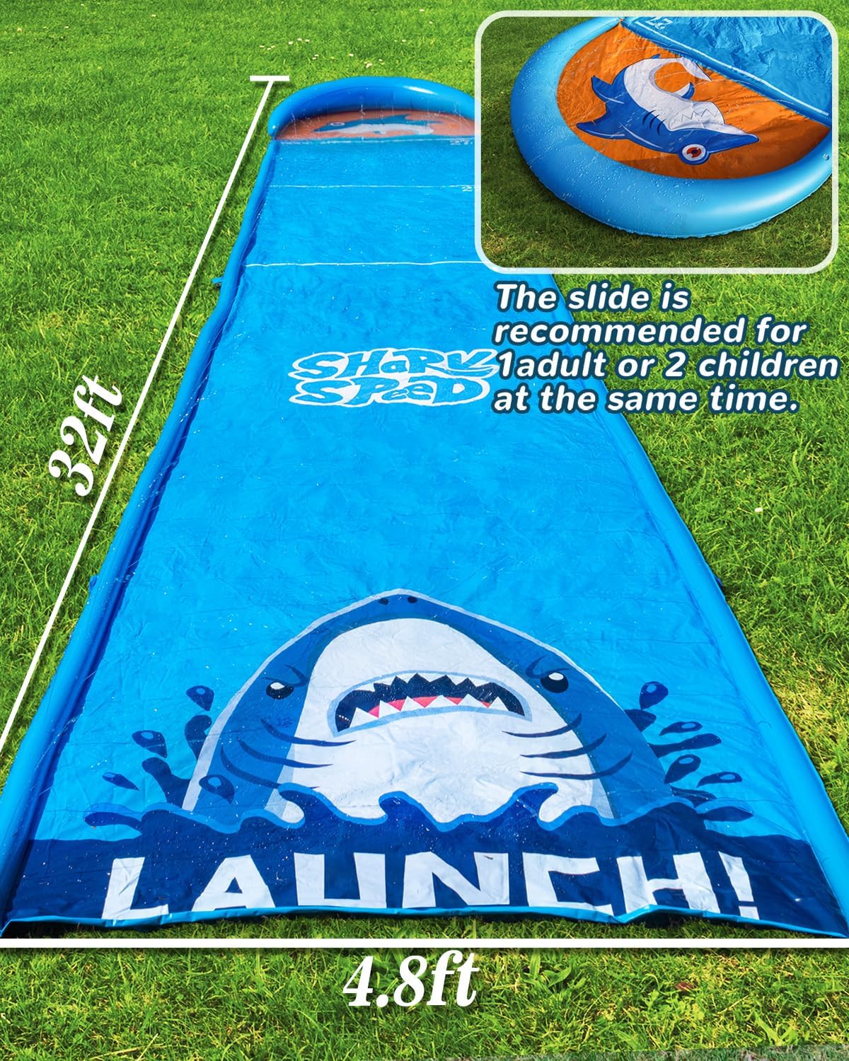 Detalle de Spring Water Slip and Water Slide 32FT: Backyard Shark Theme for Kids & Adults