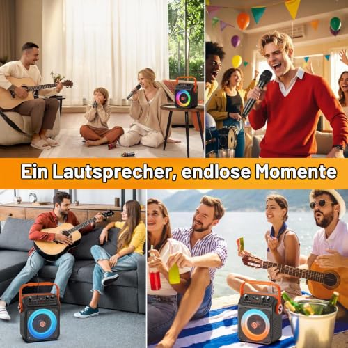 Thumbnail 8 de HWWR Karaoke Anlage mit 2 Mikrofonen – 80 W Bluetooth Box mit 6,5 Zoll Subwoofer, RGB-Beleuchtung und Akku (bis 12 h) für Familienfeiern