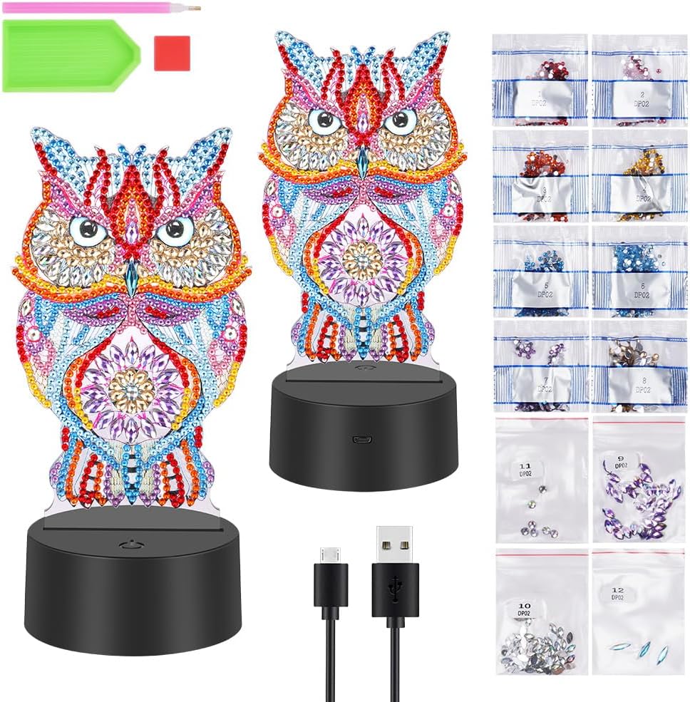 Thumbnail 6 de AUAUY Diamond Painting Uil-nachtlampje, DIY-set met 5D-diamanten en 7 lichtkleuren