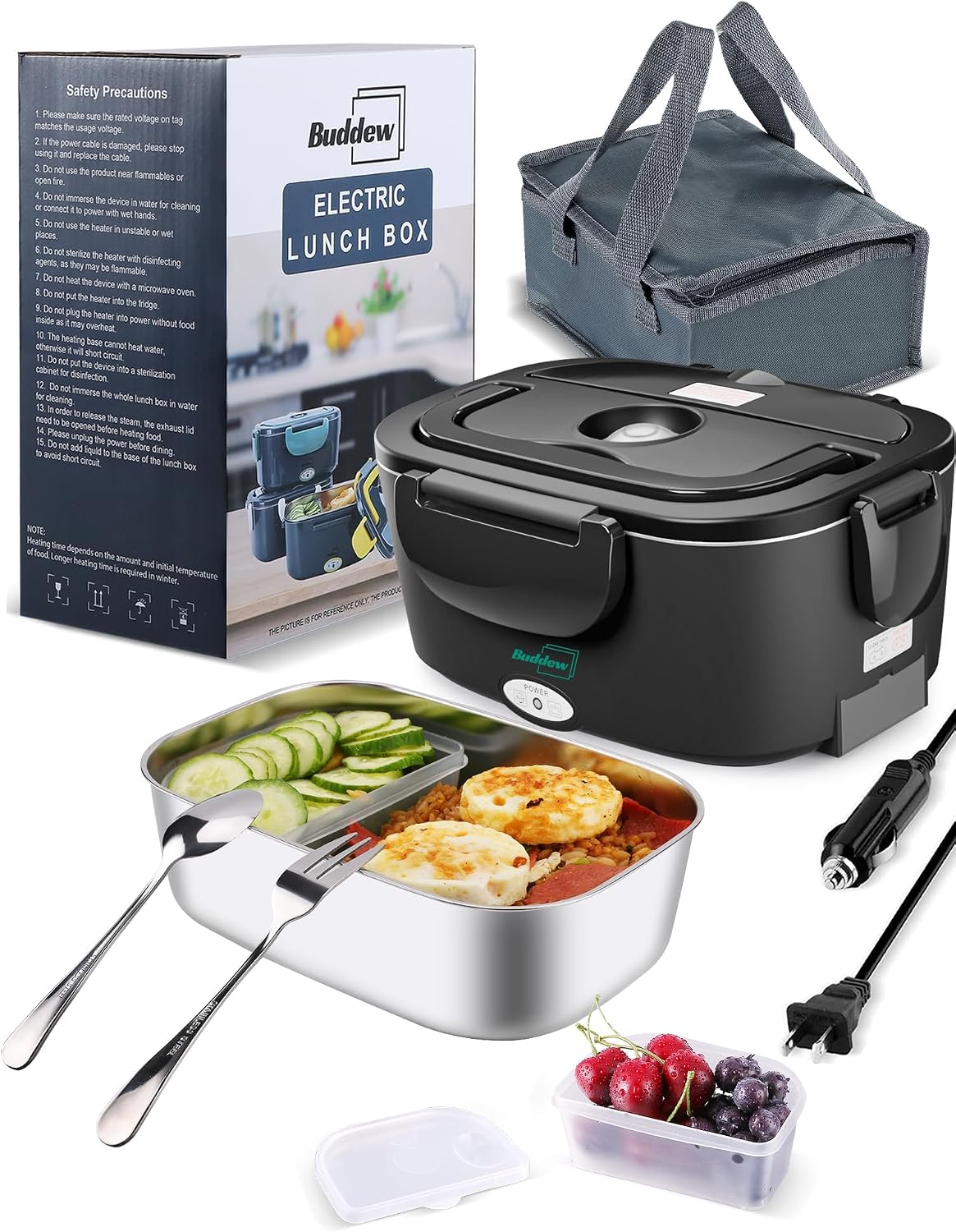 Detalle de Buddew Electric Heated Lunch Box: 80W Fast Heating, 1.5L Stainless Steel Duo, 110V/12V/24V Portable Warmer