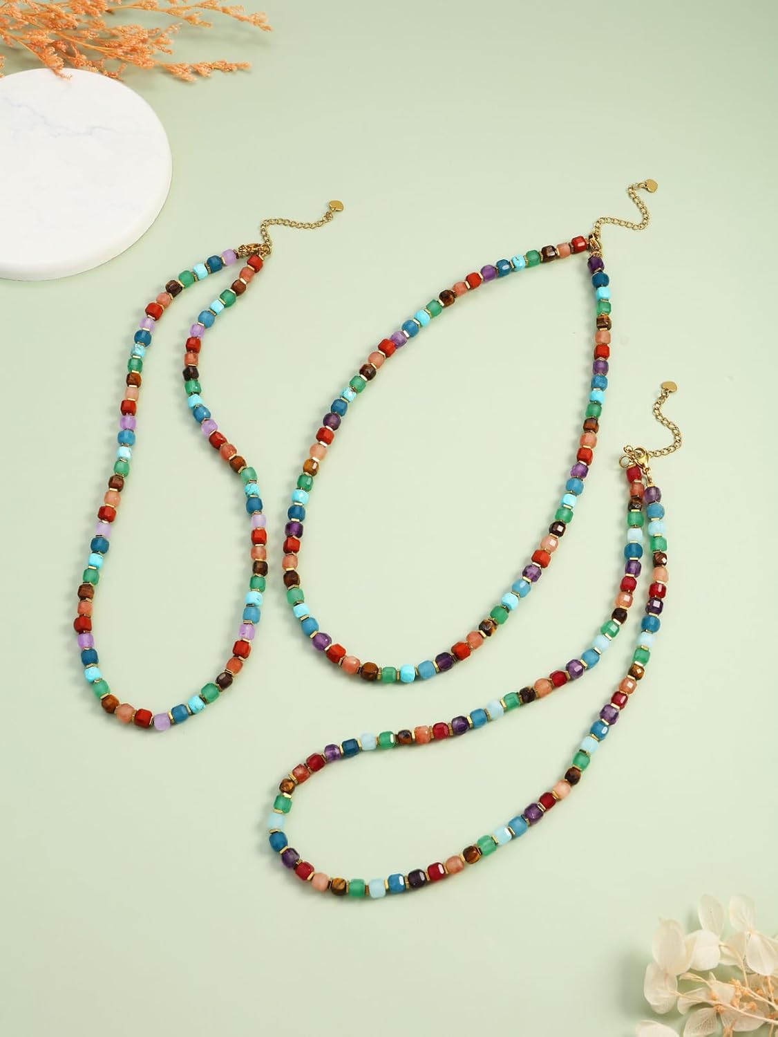 Thumbnail 3 de Bunte Perlenkette für Damen JSDDE – Chakra-Kette mit facettierten Würfelperlen, 5 mm Edelstein-/Heilstein-Anmutung