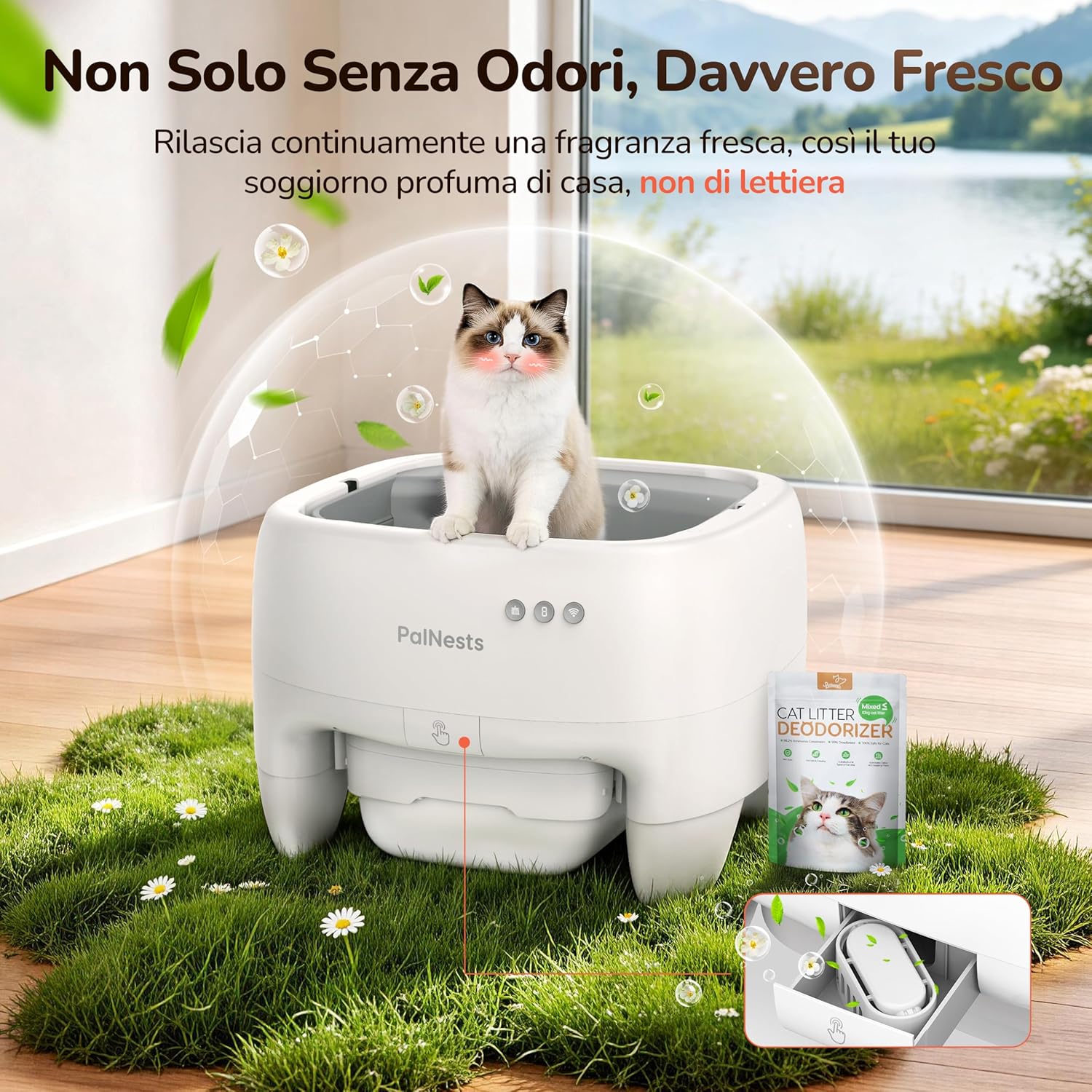 Detalle 2 de PalNests Lettiera Gatto Autopulente: Lettiera Automatica Aperta, Sicurezza Anti-Pizzicamento e Controllo App per Gatti Grandi