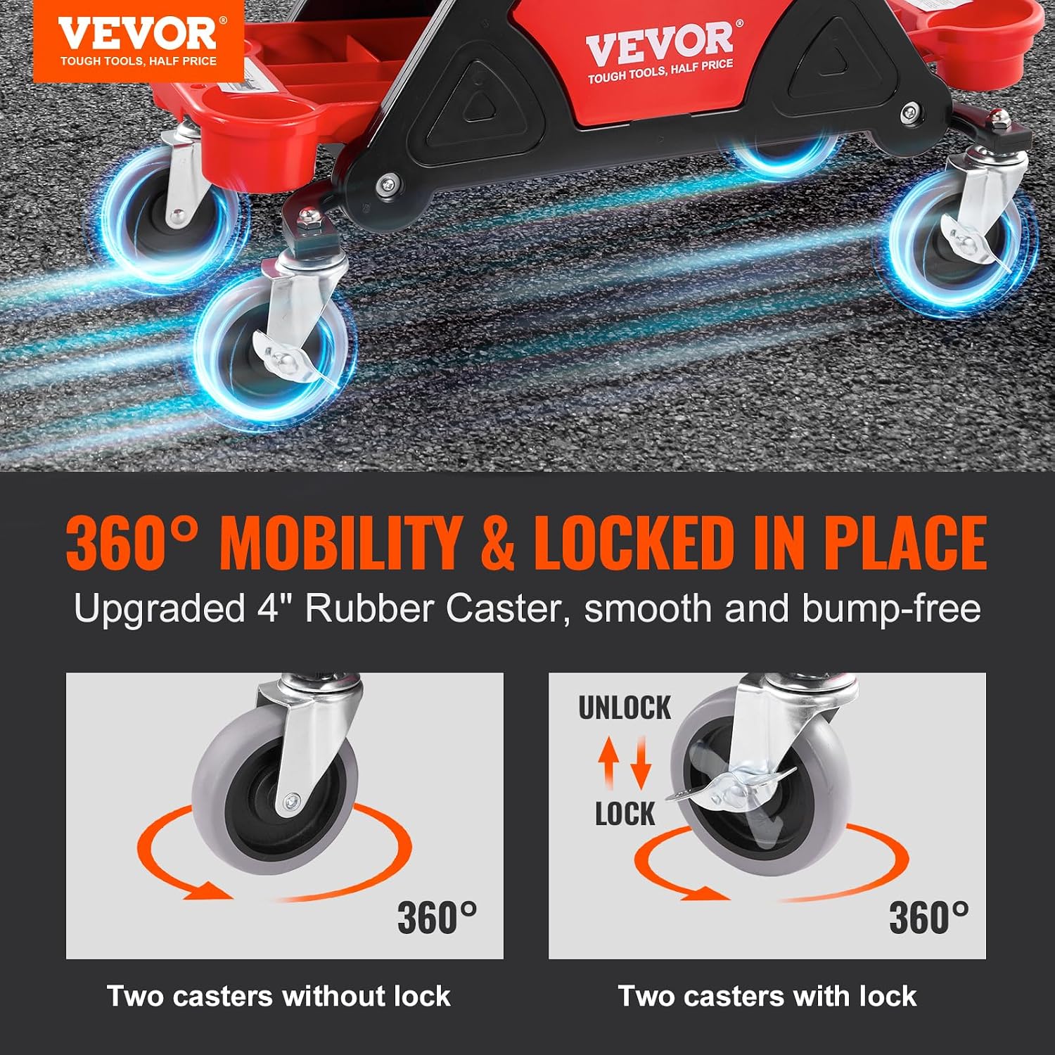 Detalle 2 de VEVOR 300 LBS Capacity Garage Stool, Rolling Mechanic Seat with Tool Trays