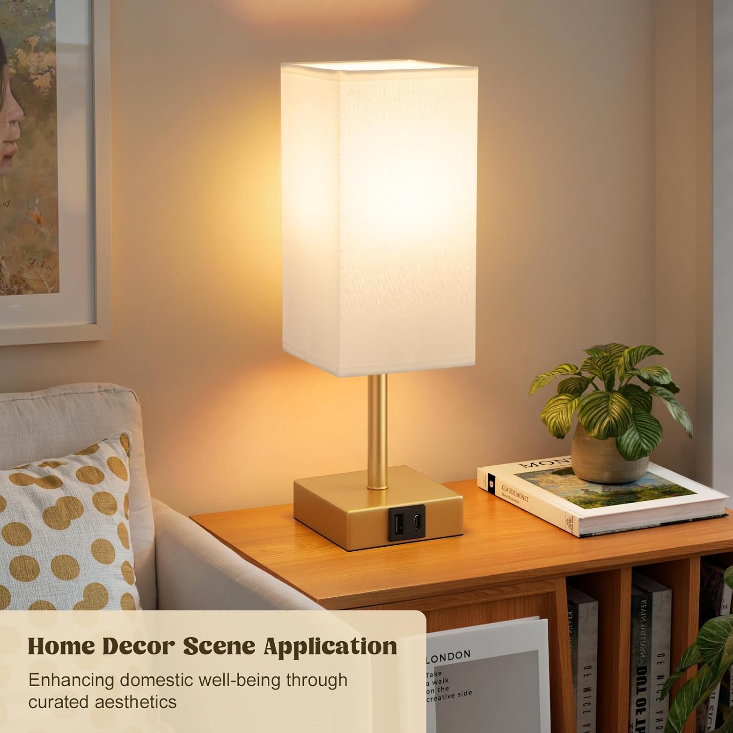 Thumbnail 1 de Aooshine Gold Touch Lamp with USB-C + USB-A Charging Ports and White Linen Shade