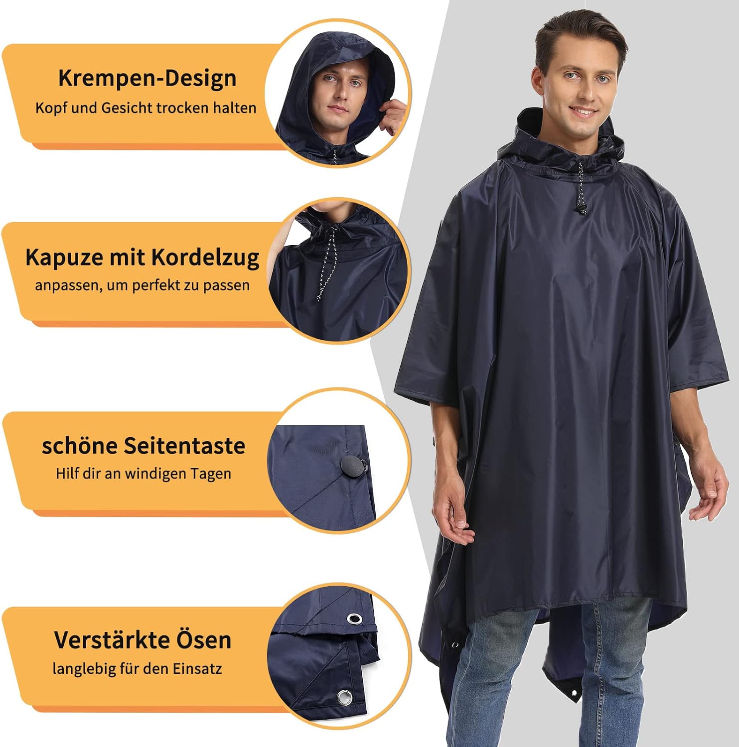 Detalle 2 de Opret Wasserdicht Regenponcho – 3-in-1 Multifunktional, Navyblau, 210T Polyester mit PU-Beschichtung