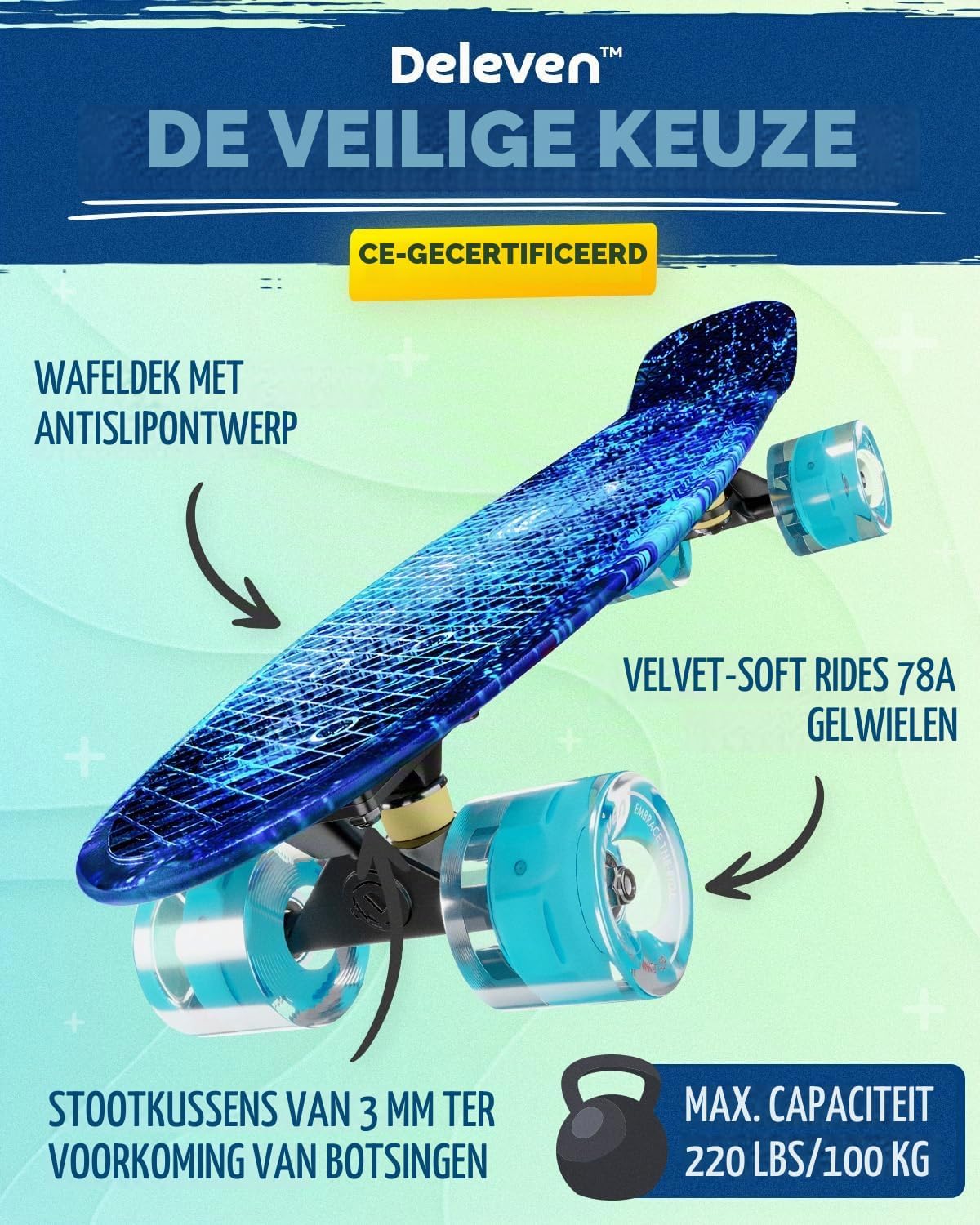 Detalle de D Deleven Mini Cruiser skateboard 56 cm met LED-wielen en antislipdeck