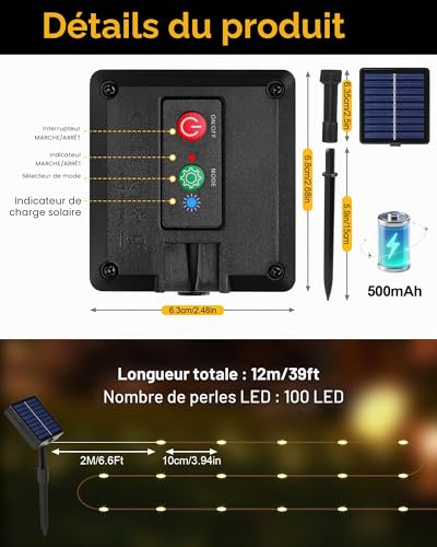 Detalle de Tacobey Lot de 2 Guirlandes Solaires Extérieures – 20 m, 200 LED, 8 Modes, Étanches, Minuterie
