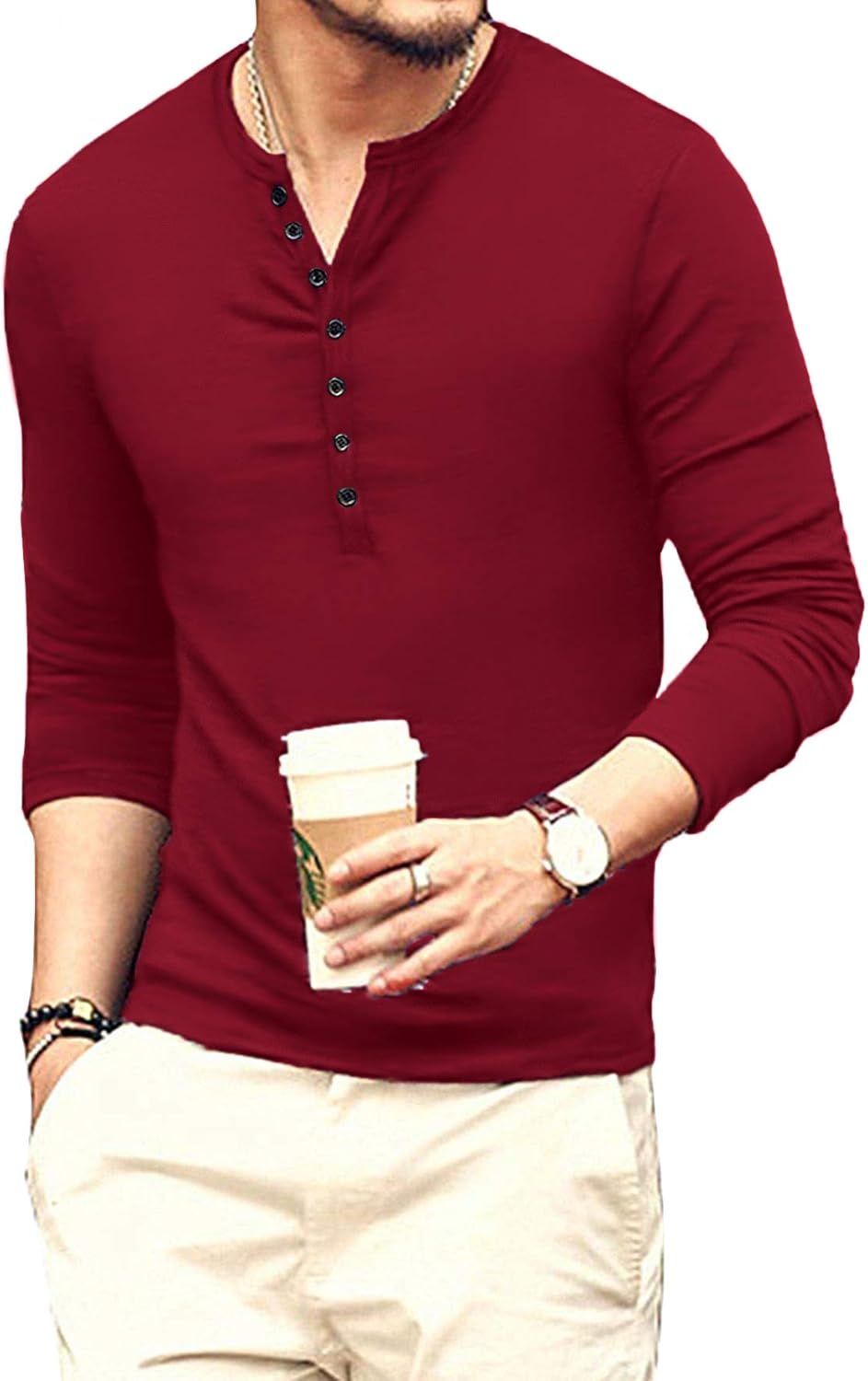 Thumbnail 3 de KUYIGO Herren Slim-Fit Henley-T-Shirt aus Baumwolle mit Knopfleiste