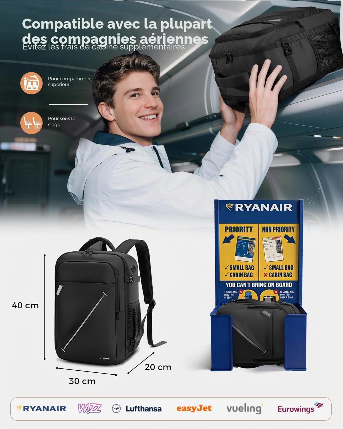 Detalle 2 de Lekespring Sac à Dos Cabine 40x30x20 Ryanair – 24–30L extensible, ordinateur, noir