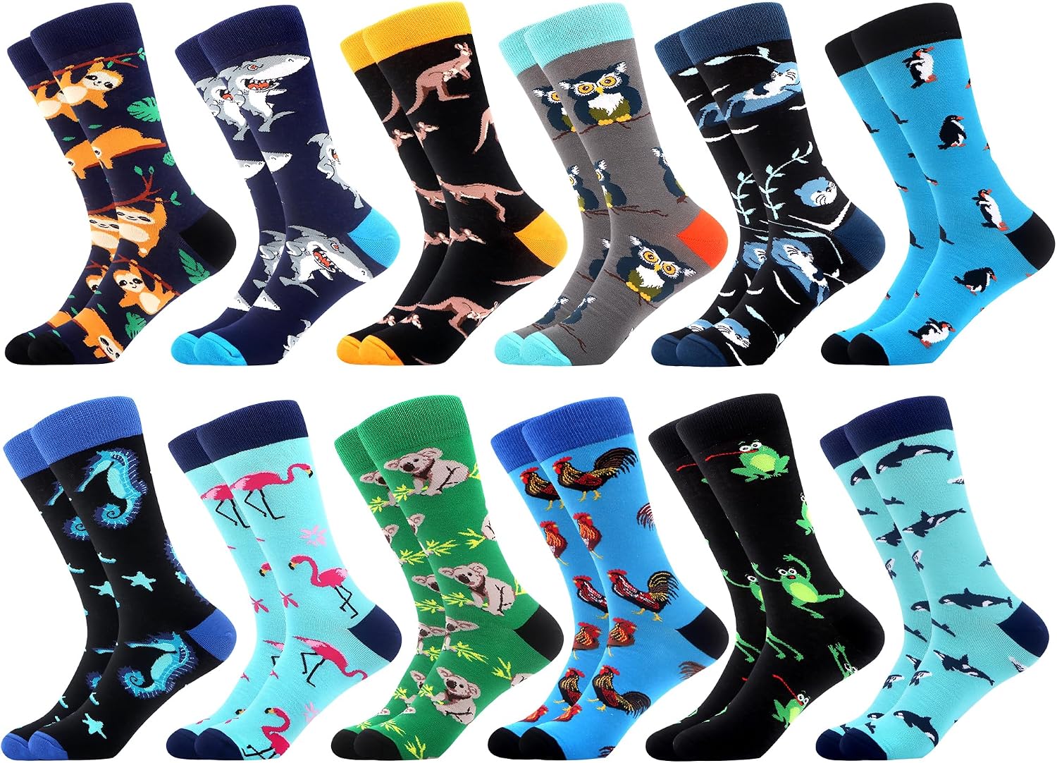 Detalle de WeciBor 12 Paar bunte Herren-Socken mit Tiermotiven (Baumwolle) – witzige Crew-Socken