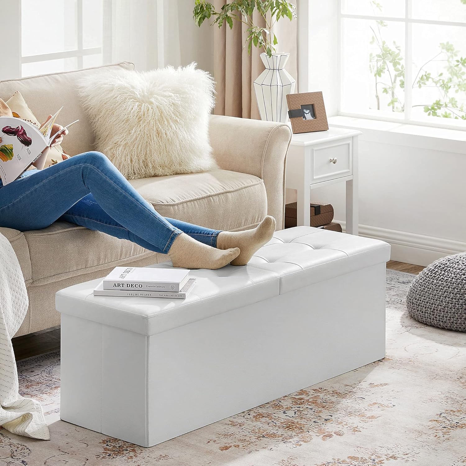 Thumbnail 6 de SONGMICS Pouf Contenitore 131 L - Cassapanca da 110 cm, coperchio ribaltabile, sedile imbottito, bianco LSF75WT