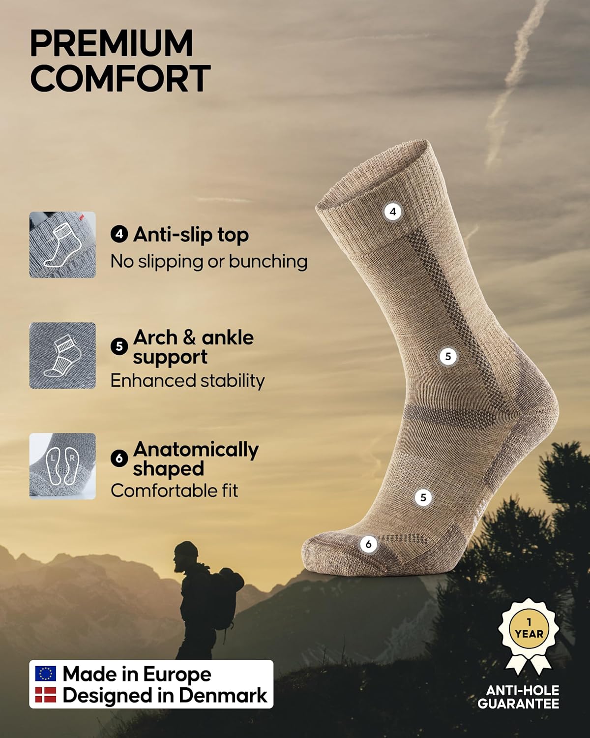 Thumbnail 2 de DANISH ENDURANCE Hiking Socks: Breathable Merino Wool Walking Socks with Anti-Blister Cushioning (Unisex, 3 or 5 Pack)