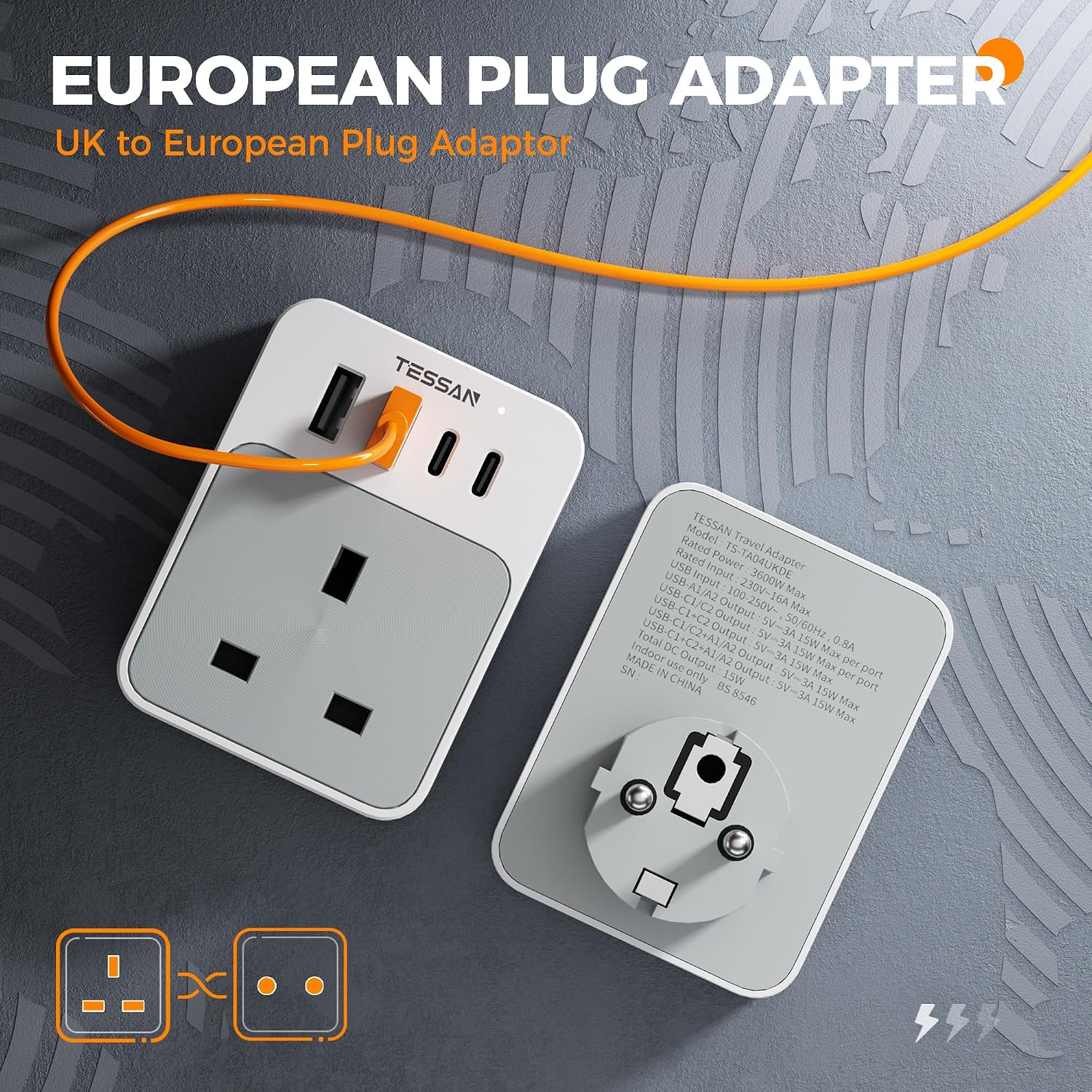 Thumbnail 6 de TESSAN UK to European Plug Adapters (2 Pack) – Grounded, 4 USB Ports (2 USB-C) – Type E/F