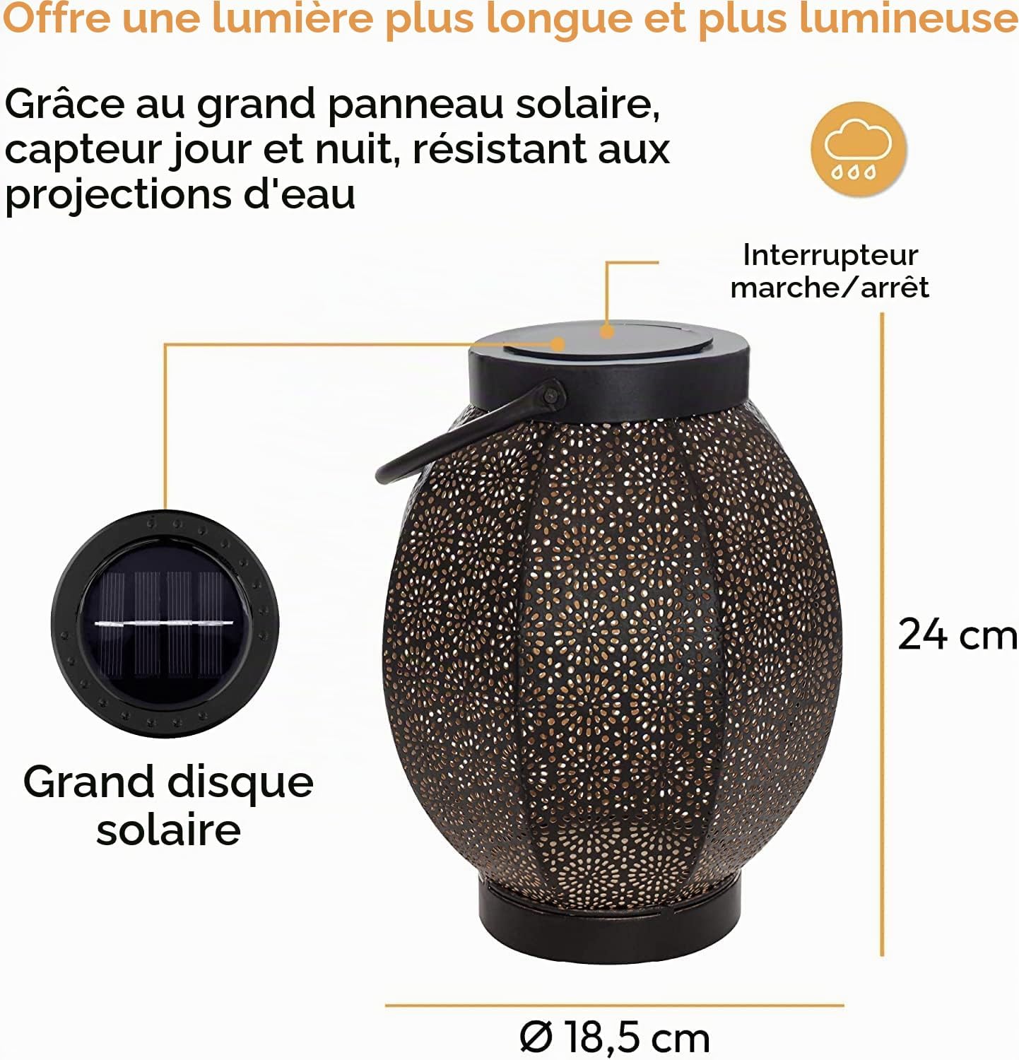 Detalle de Gadgy GG0898 solarlantaarn in metaal, zwart-goud met bloemmotief