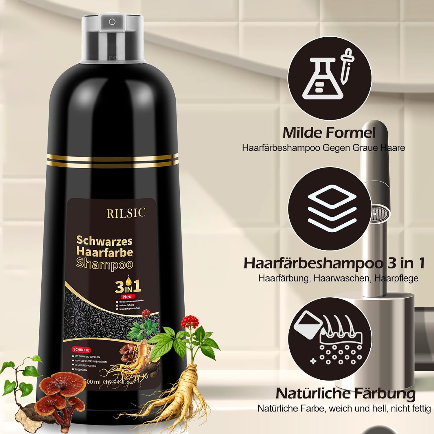 Detalle de BLSFXROE Black Hair Dye Shampoo 3in1 – Sofort-Haarfarbe Schwarz gegen graue Haare, 500 ml