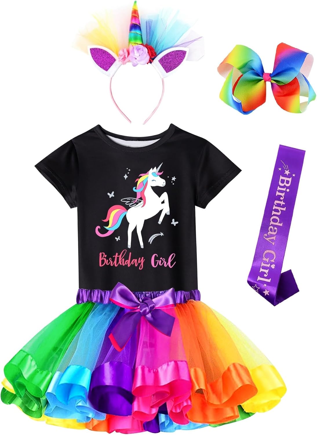 Thumbnail 6 de Doctor Unicorn Birthday Girls Unicorn Costume Outfit (Rainbow Tutu, T-Shirt, Satin Sash, Headband & Bow)