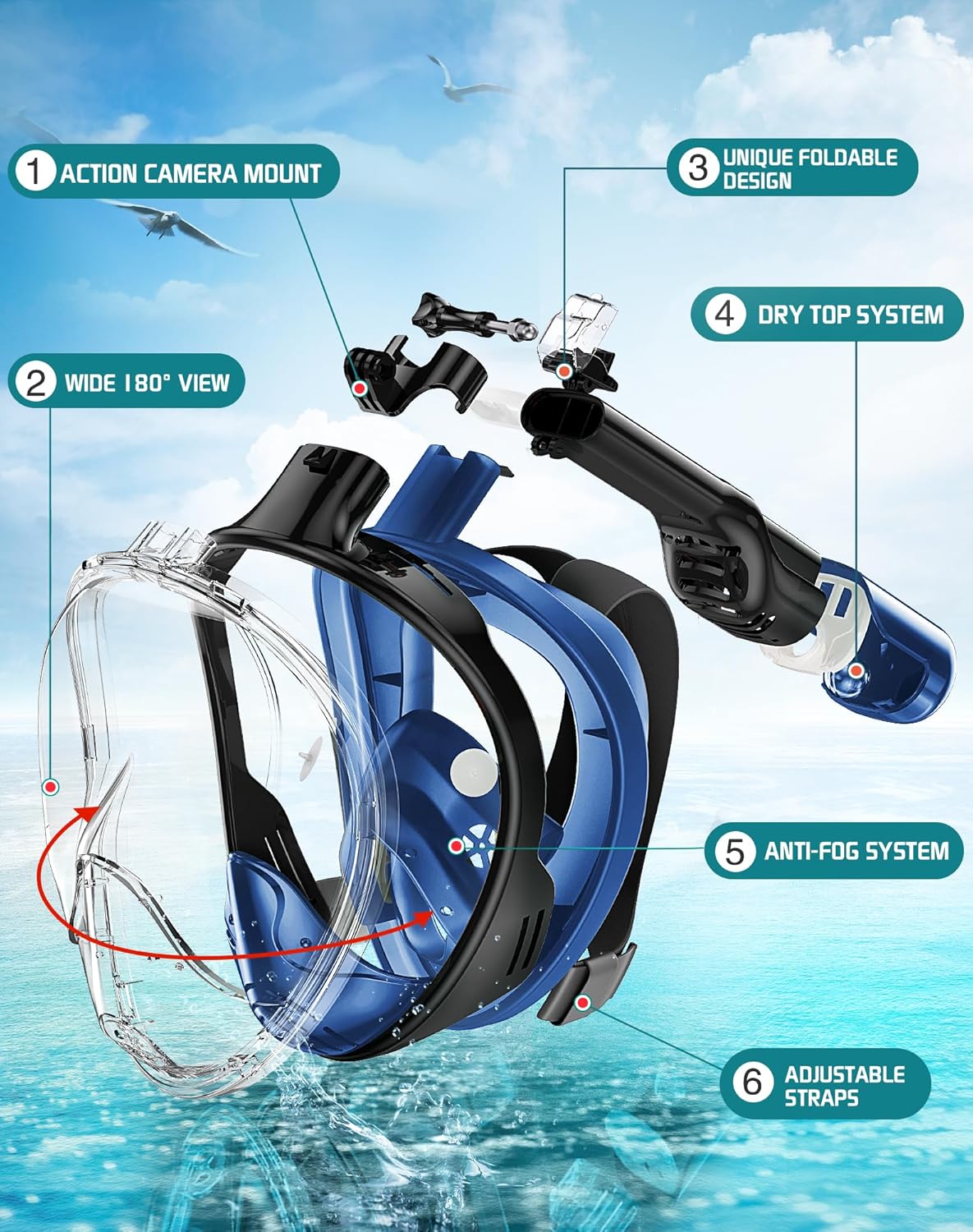 Thumbnail 1 de Greatever Full Face Snorkel Mask with Dry Top System and Detachable Camera Mount