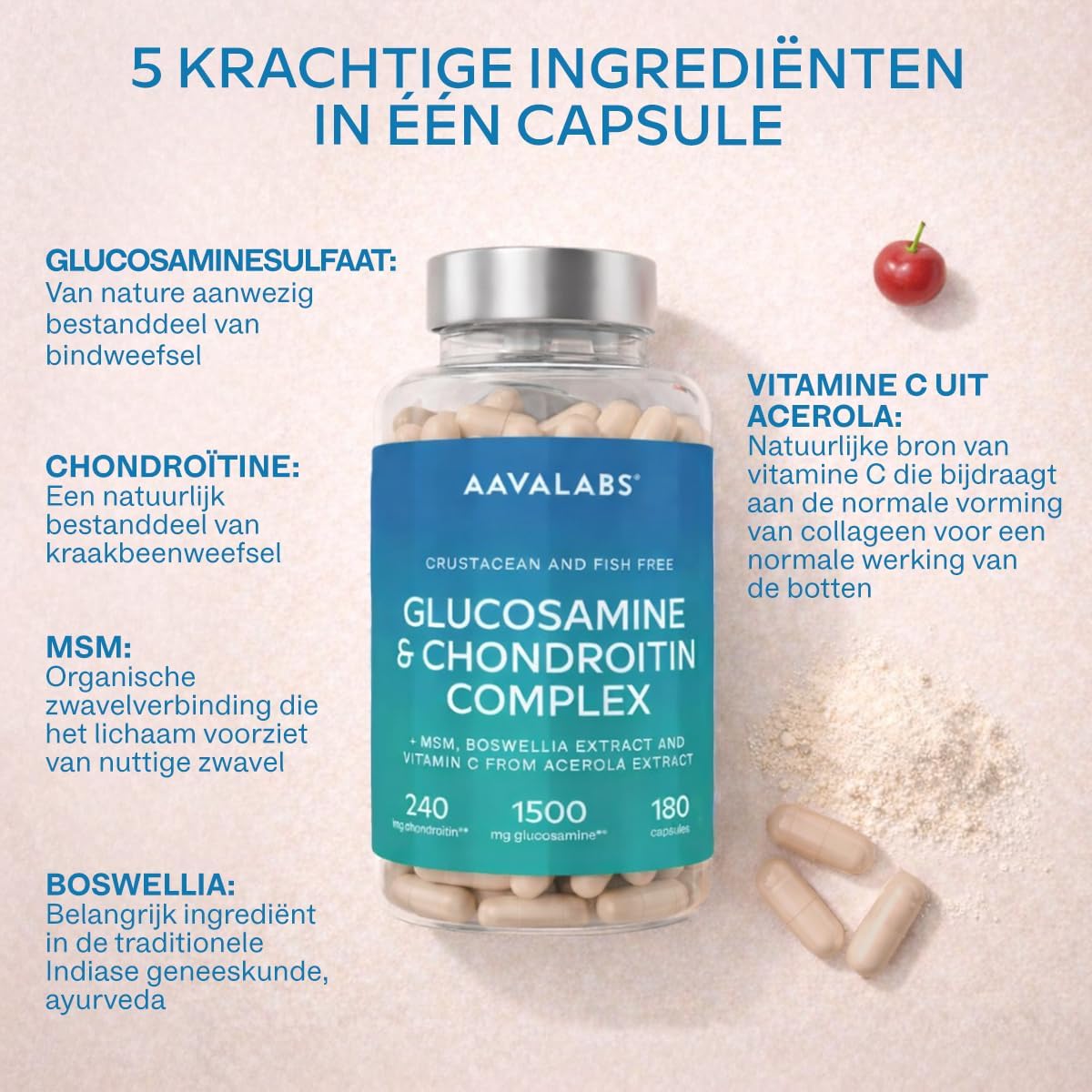 Detalle 2 de AAVALABS Glucosamine-complex met chondroïtine, MSM, Boswellia en vitamine C