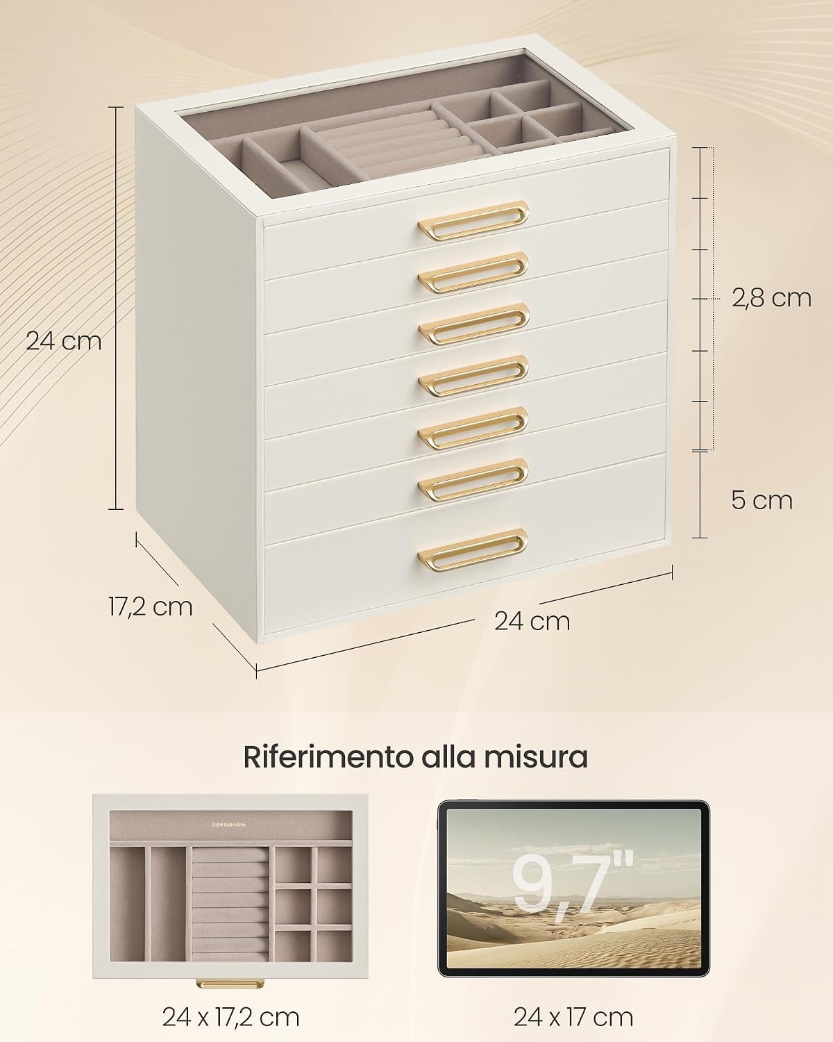 Detalle de SONGMICS Portagioie con Coperchio in Vetro, a 7 Cassetti – Eleganza e Organizzazione