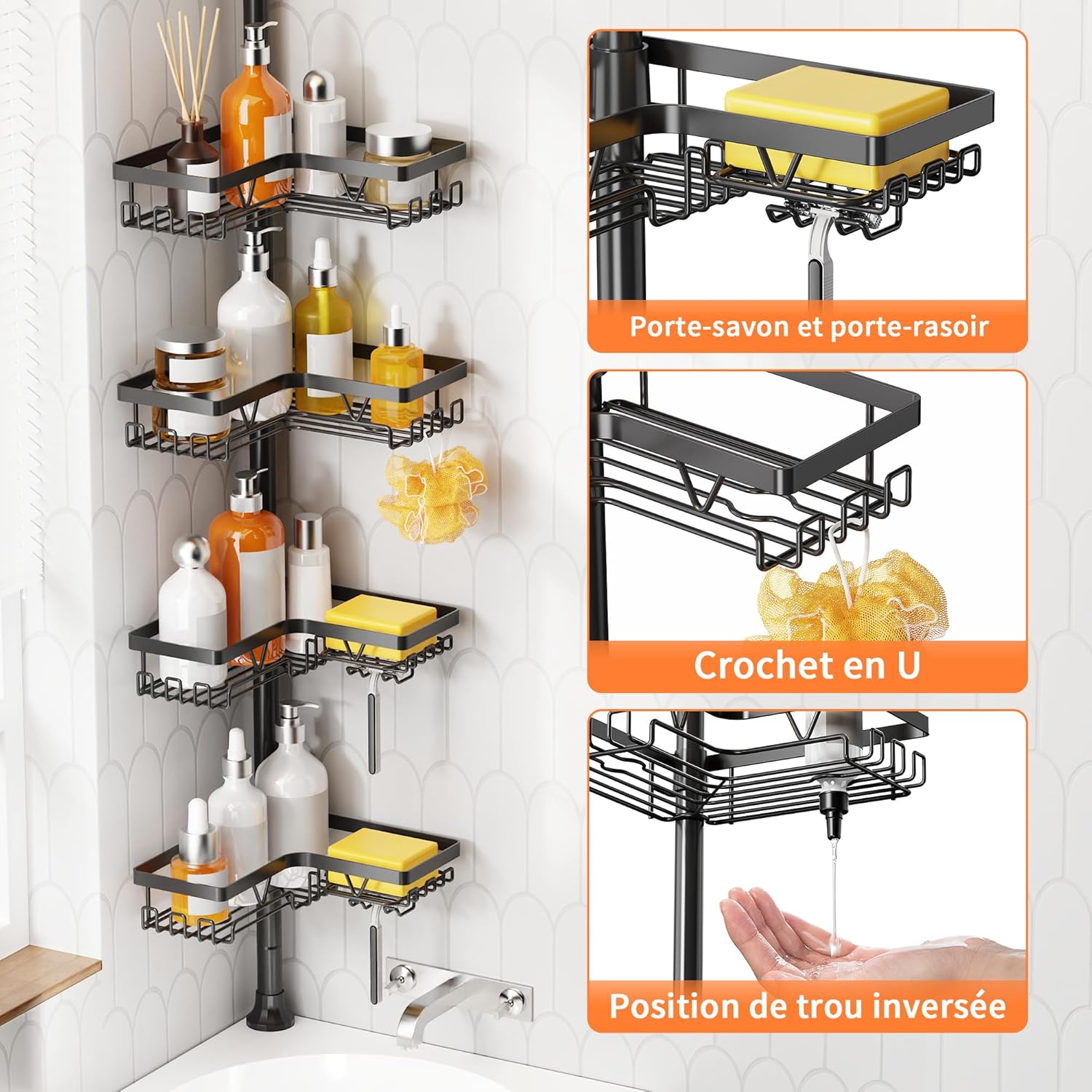 Thumbnail 5 de KEGII Étagère Douche Télescopique à 4 Paniers Noir – Réglable Sans perçage