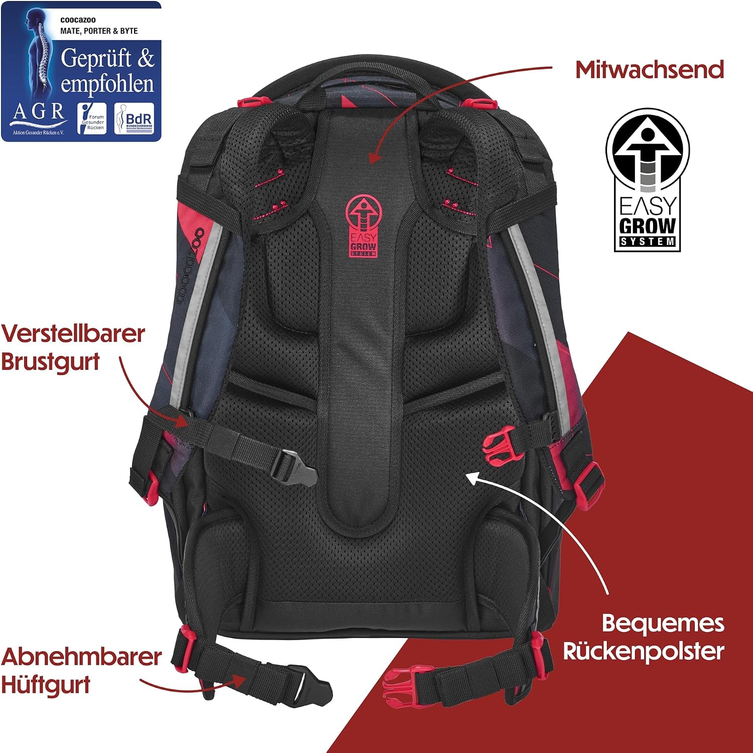 Detalle 2 de coocazoo Mate Schulrucksack ‚Stern des Südens’ – 30 Liter, ergonomisch verstellbar, schwarz-rot