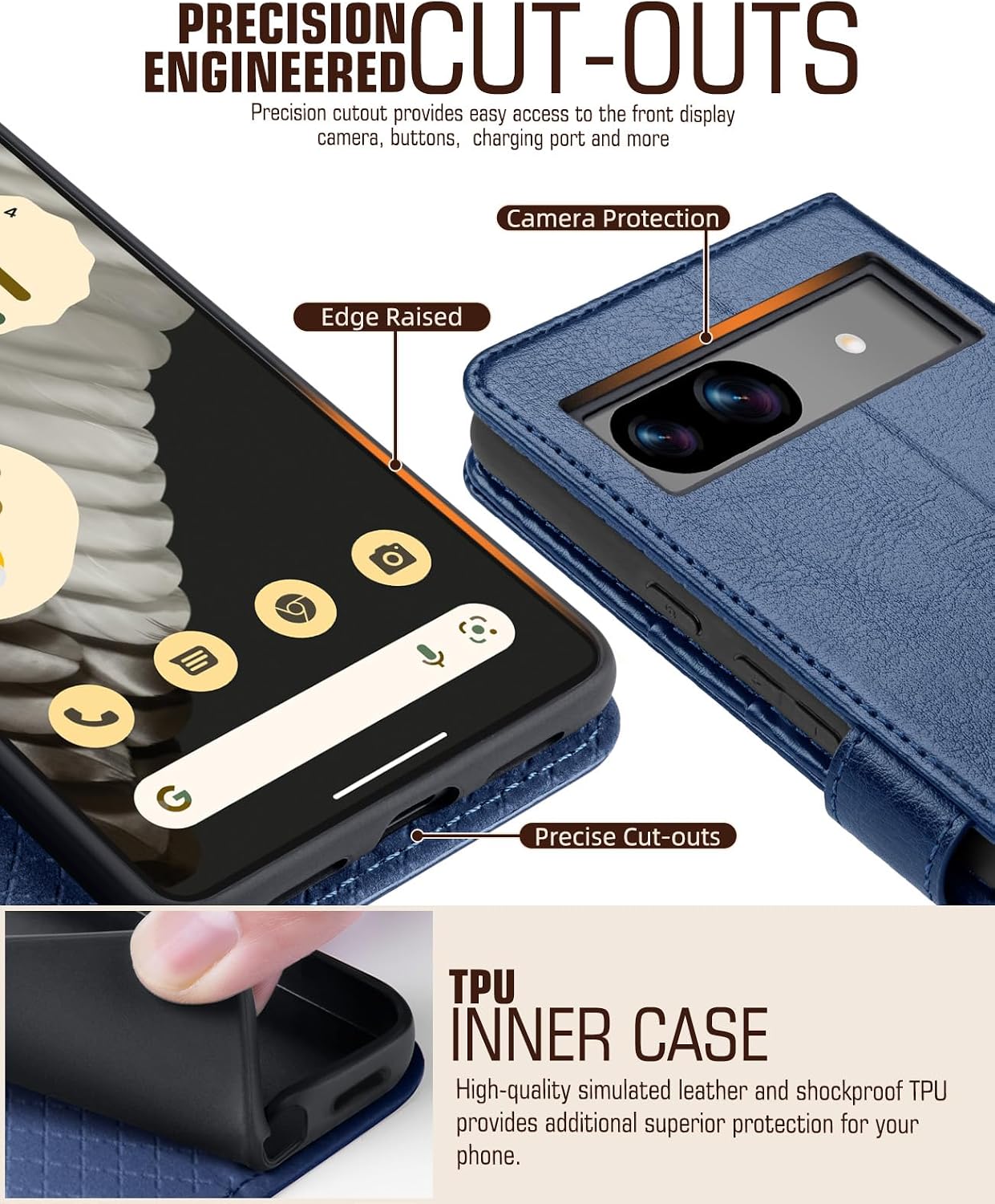 Detalle de OCASE Lederhülle mit Standfunktion und Kartenfach für Google Pixel 8A (2024) – Blau