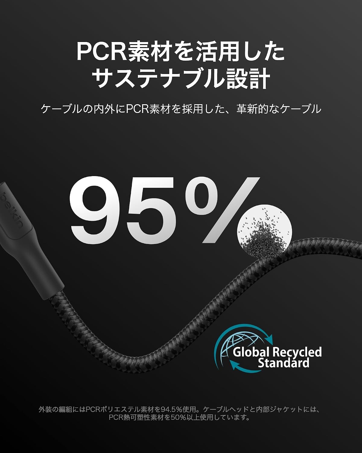 Detalle de Belkin BoostCharge CAB025fq2MBK USB-Cケーブル 2m・最大240W PD 3.1対応、編み込みブラック