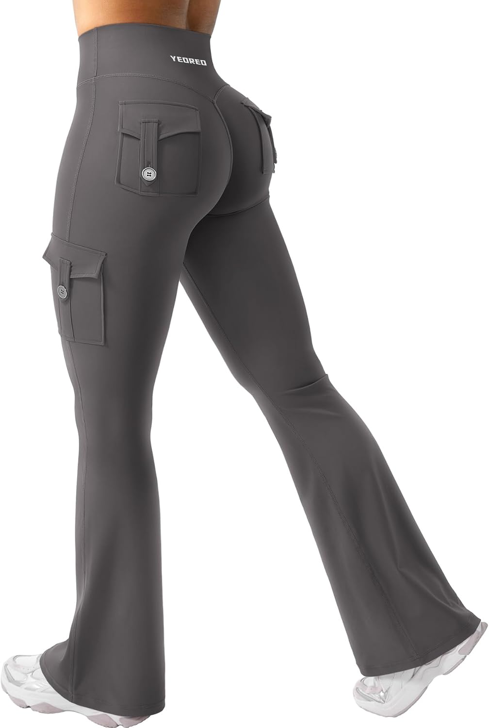 Detalle de YEOREO CoreFlex Damen Flare Leggings mit 4 Taschen – High Waist, unsichtbares Scrunch-Design