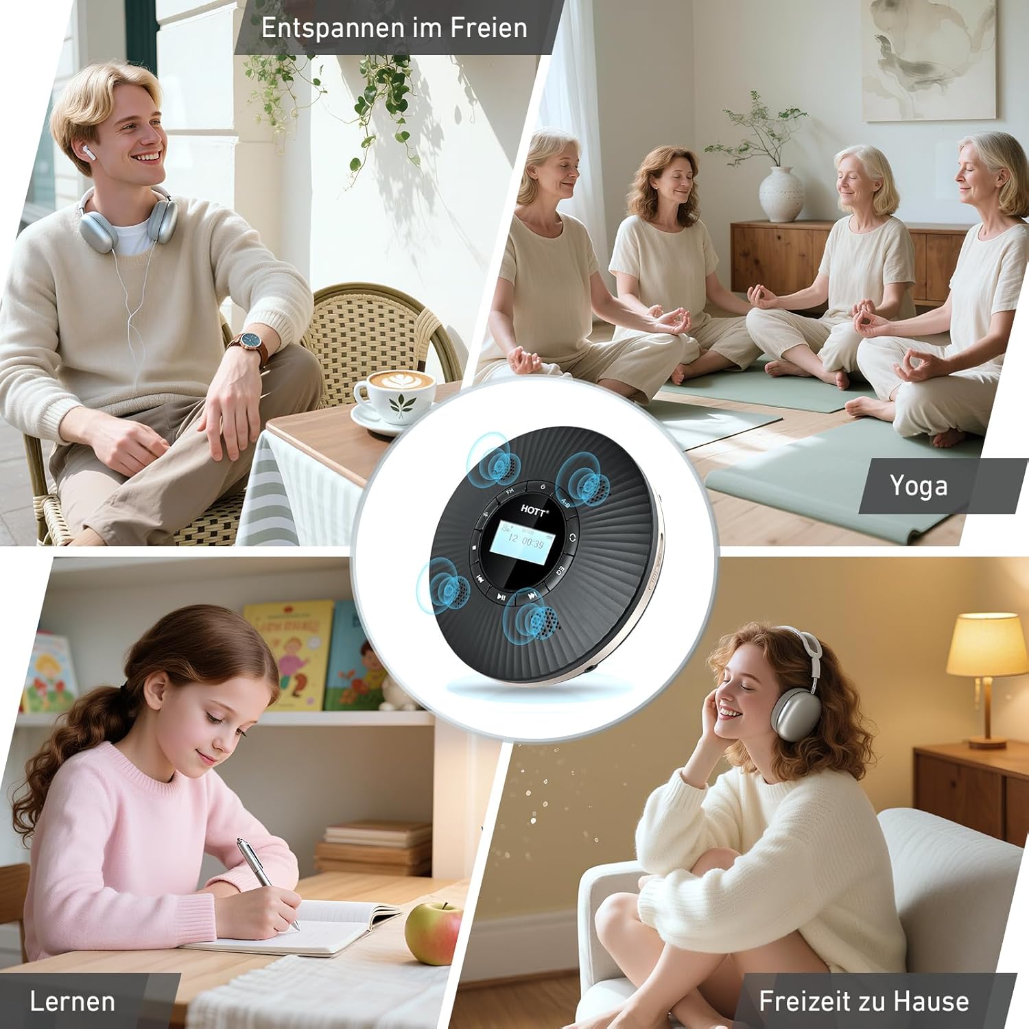 Thumbnail 6 de HOTT tragbarer Bluetooth-CD-Player mit 4 Lautsprechern, FM-Transmitter, Anti-Skip und 1800-mAh-Akku – Schwarz