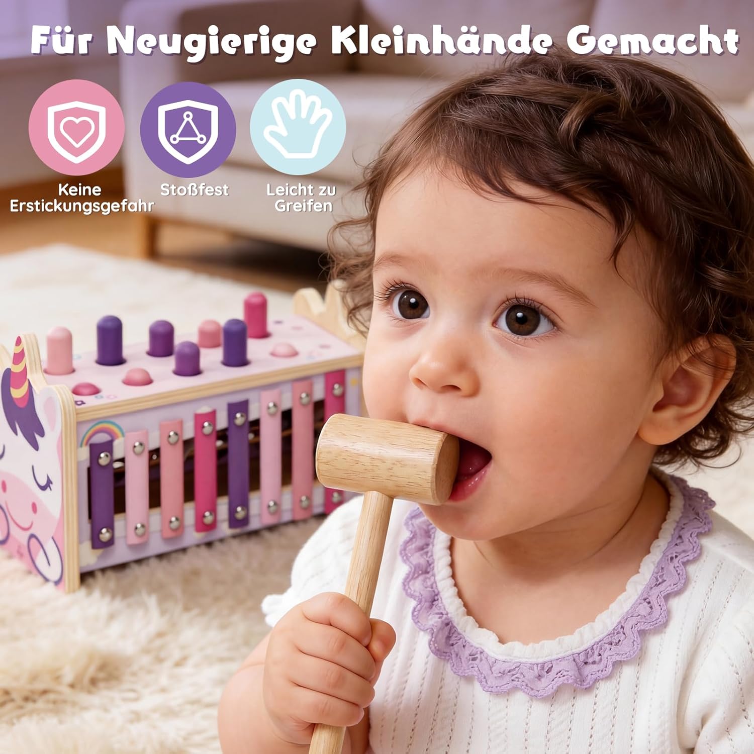 Detalle de Lehoo Castle Montessori Spielzeug ab 1 Jahr – Hammerspiel mit Xylophon & Zahnrädern (Holz) inkl. Aufbewahrung