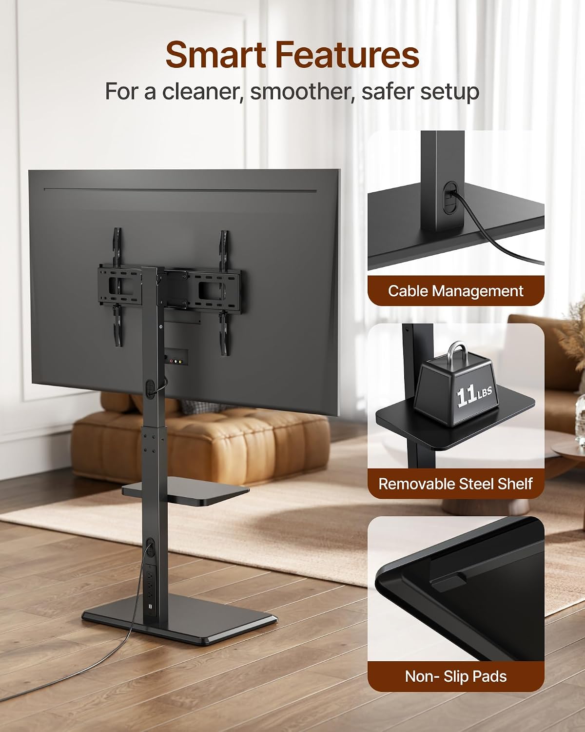 Detalle 2 de ECOTINY Steel Base Floor TV Stand with Power Outlet for 32–75 inch TVs