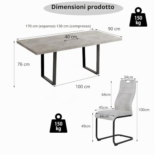 Thumbnail 1 de JIEXI Set da pranzo con tavolo allungabile 130-170 cm e 6 sedie grigie