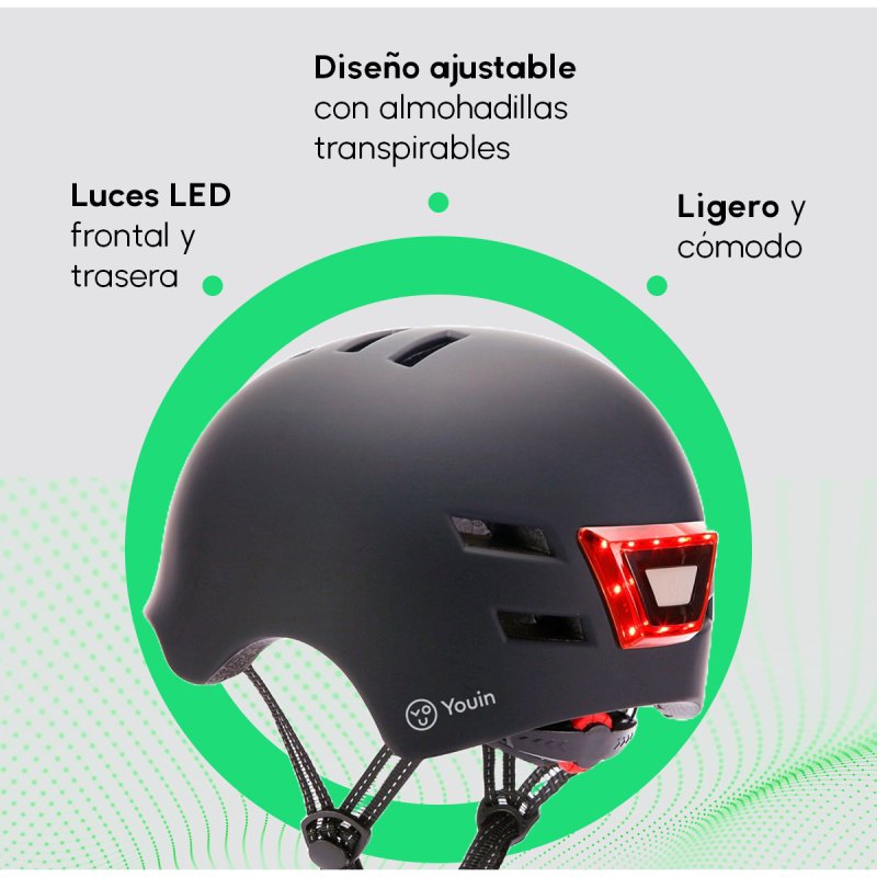 Thumbnail 2 de Youin Casco con Luz LED Negro, Talla M (54-57 cm) para patinete o bicicleta eléctrica