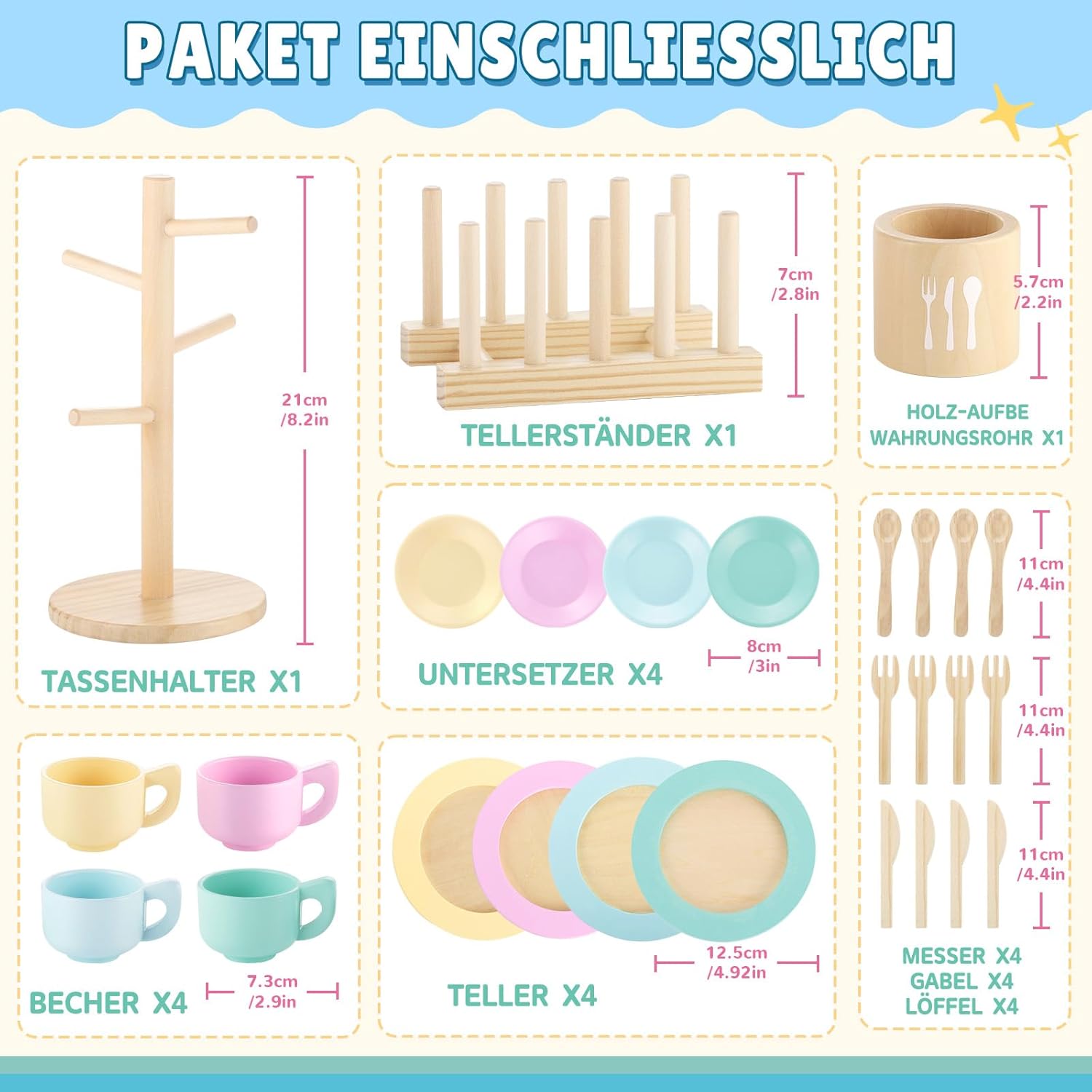 Thumbnail 4 de GAGAKU Holzspielzeug Kinderküche Geschirr-Set – 27-teiliges Montessori Teeservice aus Holz (Neueste Ausführung)