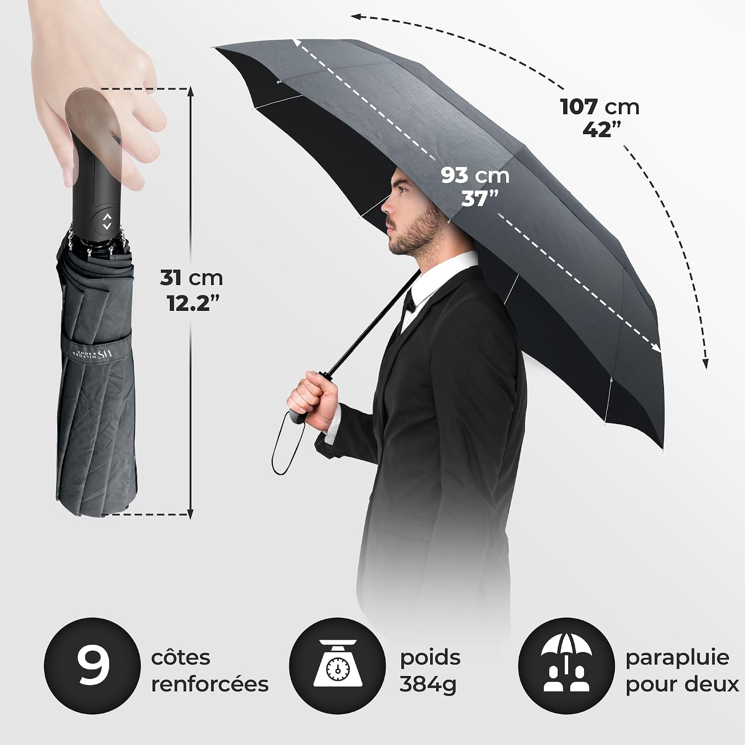 Detalle de Parapluie Pliant Compact Automatique (ouverture/fermeture bouton) noir – Résistant au vent, étanche