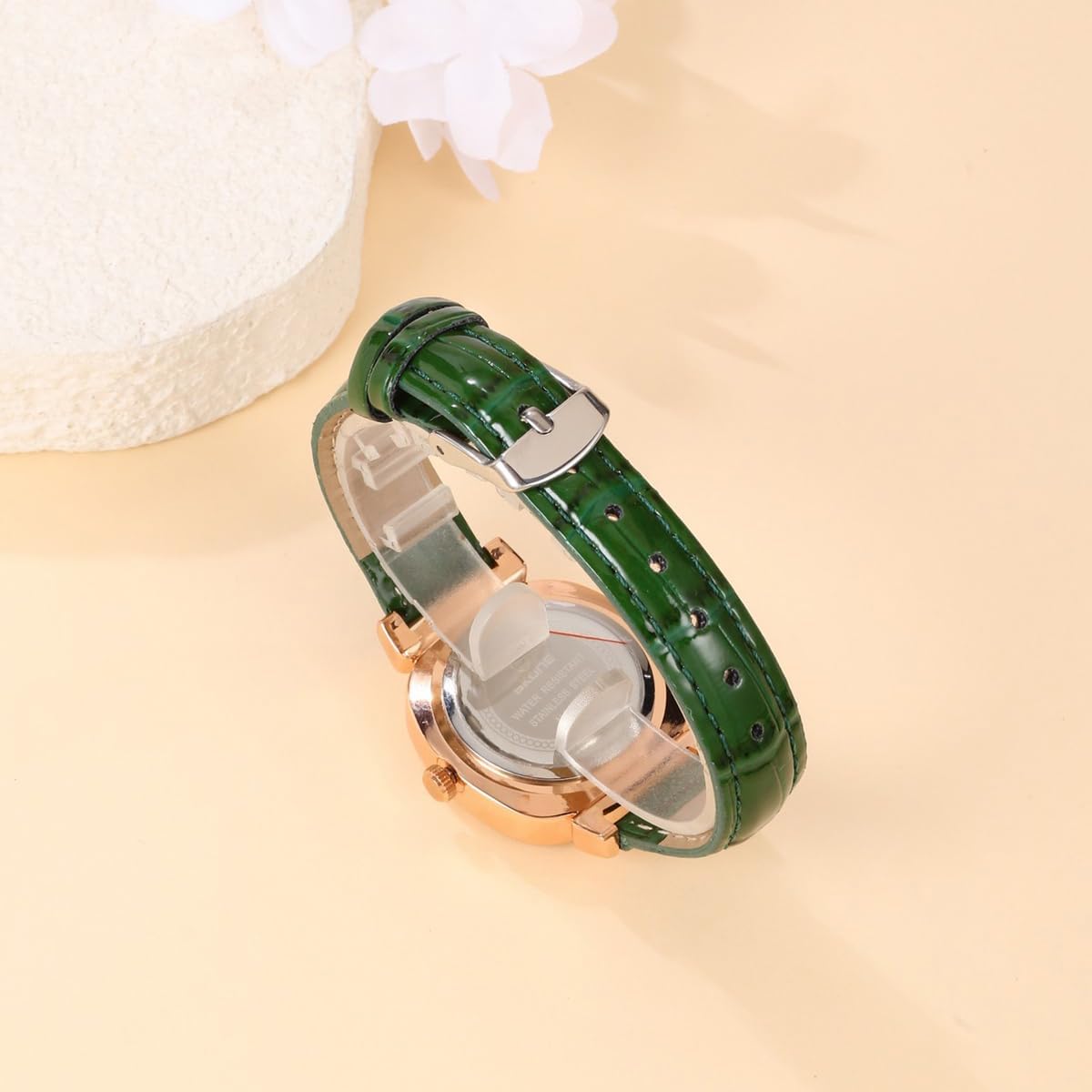 Detalle 2 de JSDDE Damen Armbanduhr mit Lederarmband – Elegant, Roségold Gehäuse, Quarzwerk